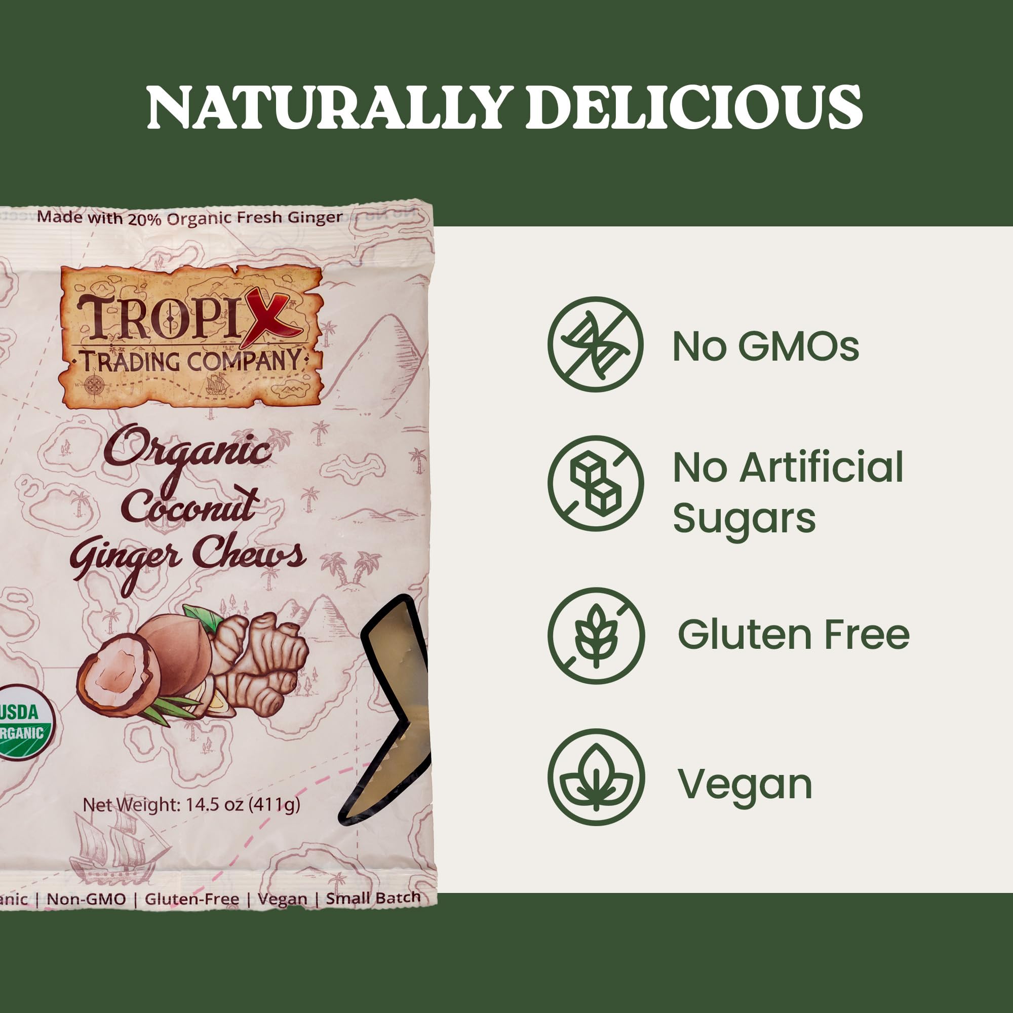 Tropix Trading Company - Organic Ginger Chews, Sweet and Spicy Ginger Chews Made From USDA Fresh Ginger, Non-GMO and No Added Flavorings, Vegan