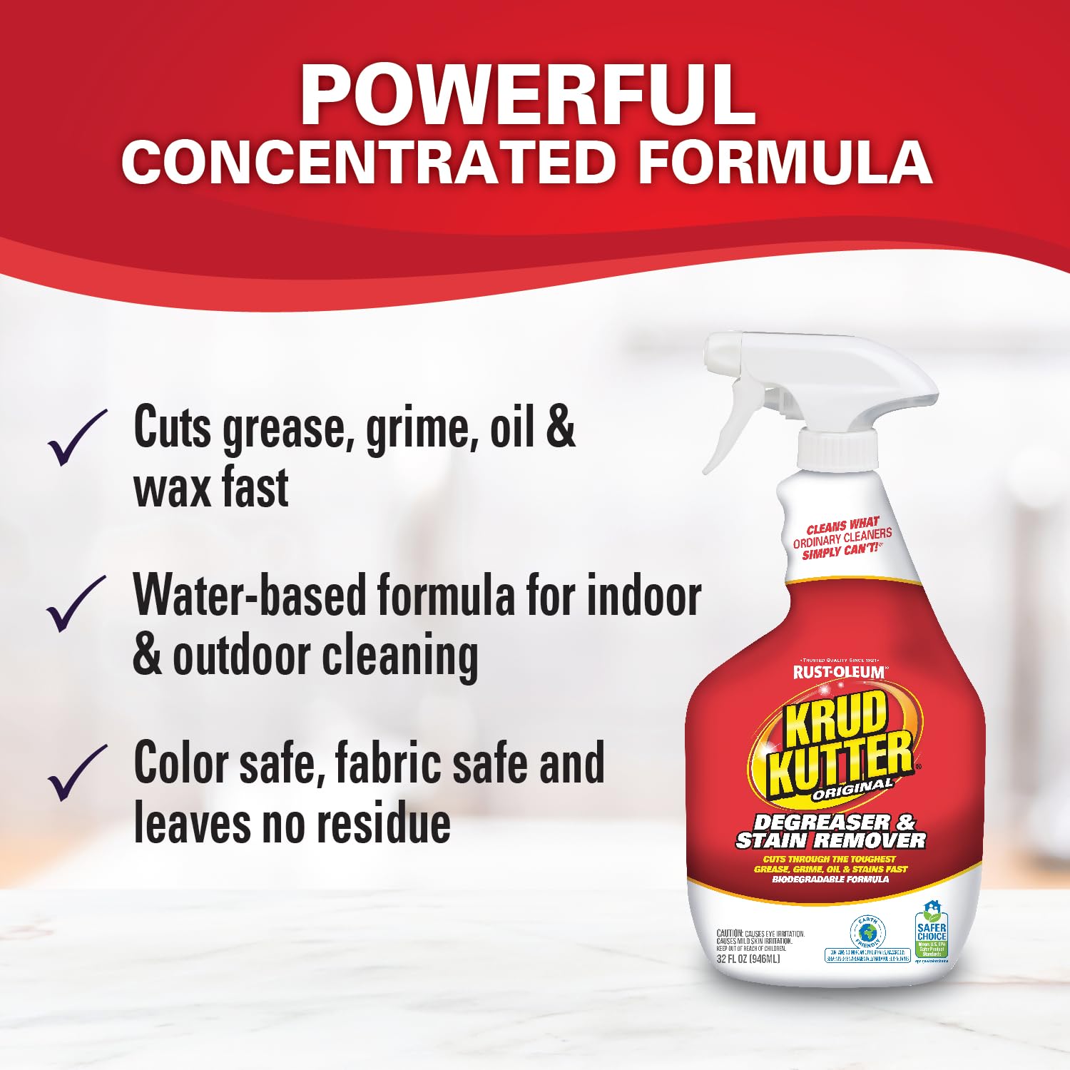 Krud Kutter Original Cleaner Degreaser Spray, 32 oz, Heavy Duty Multi Surface Cleaner for Grease, Oil and Tough Stains, Ready to Use for Kitchen