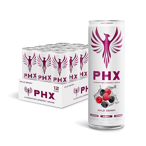 PHX Hydration Energy Drink - 700mg Electrolytes, 200mg Natural Green Tea Caffeine, 100% Daily Value 8 Essential Vitamins - 12 oz Cans (12 Pack) (12