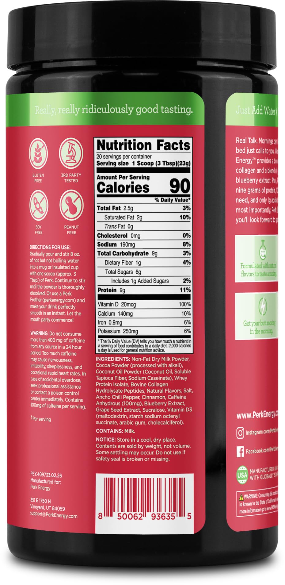 Perk Energy Drink Mix (Mexican Hot Chocolate) 20 Servings - Caffeinated Healthy Coffee Alternative with Protein, 100mg of Caffeine, Gluten-Free