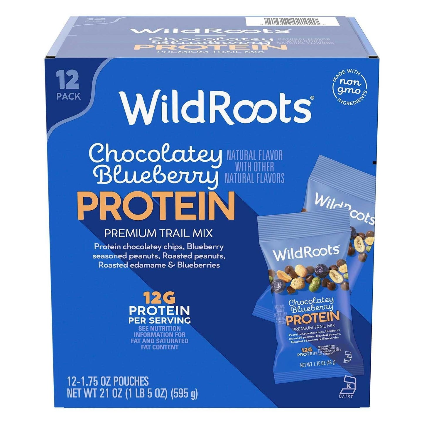 WildRoots Chocolatey Blueberry Protein Premium Trail Mix, 12-Pack Snack Pouches (1.75 oz Each), 12g Protein per Serving, Non-GMO Ingredients