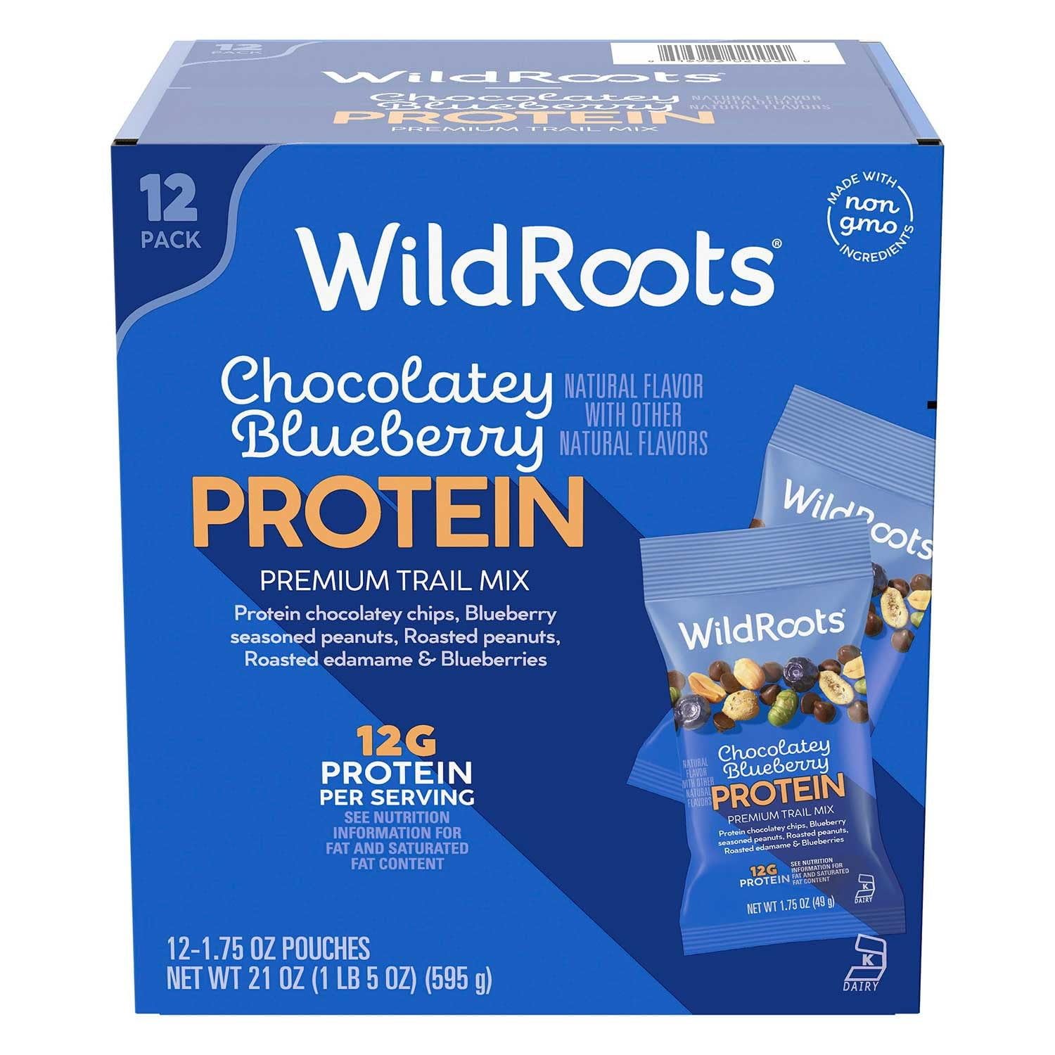 WildRoots Chocolatey Blueberry Protein Premium Trail Mix, 12-Pack Snack Pouches (1.75 oz Each), 12g Protein per Serving, Non-GMO Ingredients