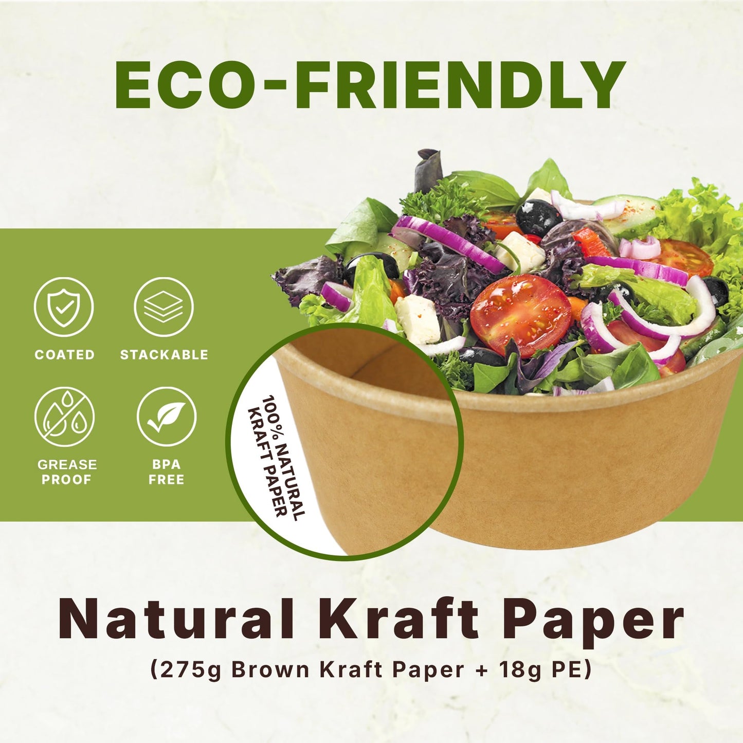 Klex 24 Oz 300 Pcs Kraft Paper Bowls, Disposable Salad Take-Out Containers