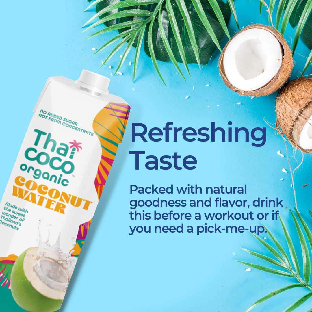 Thai Coco Organic Coconut Water, No Sugar Added, No Artificial Ingredients, Natural Electrolytes, 100% Pure, Not from Concentrate - 33.8 fl. oz. (6