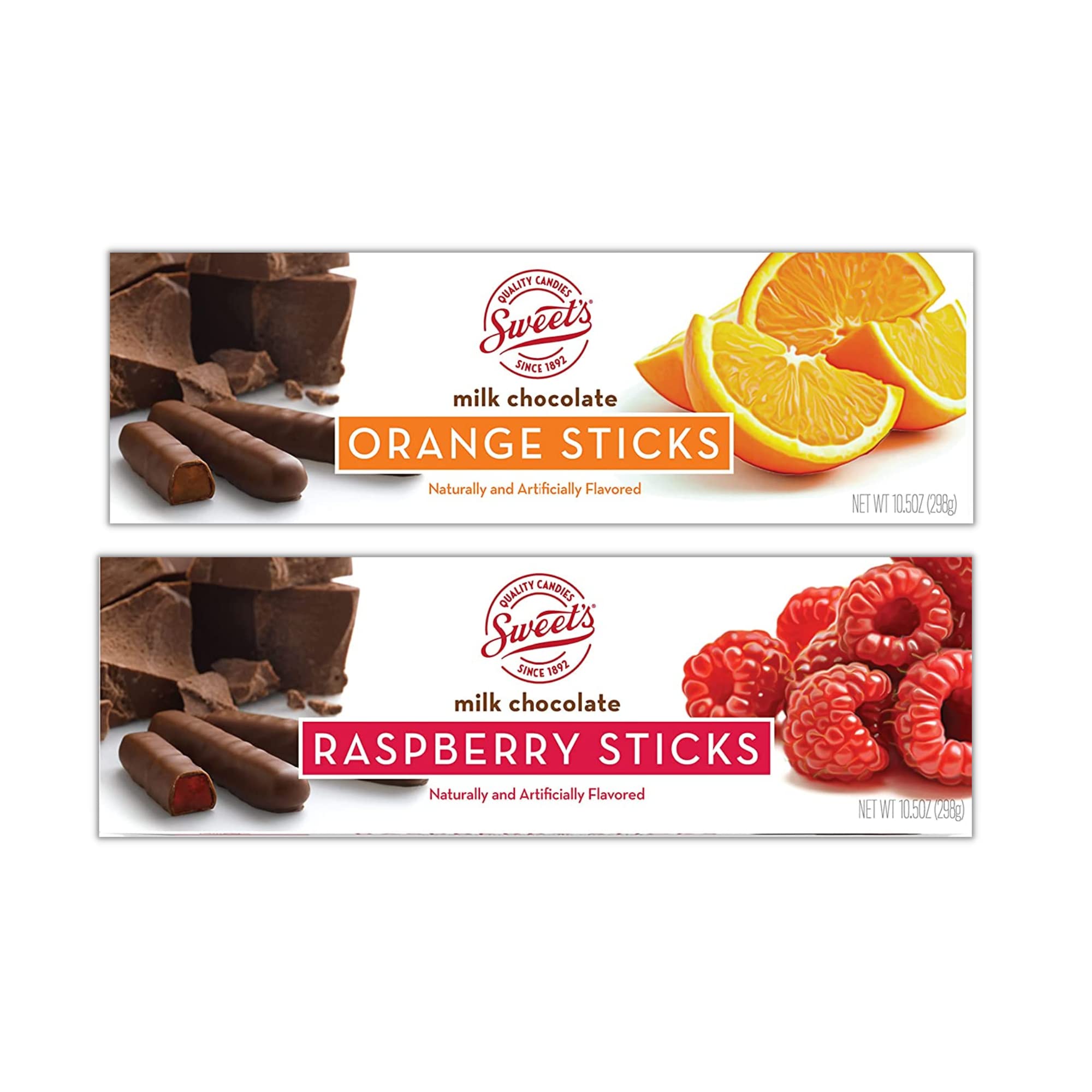 Chocolate Raspberry and Orange Sticks Bundle. Includes 2 Boxes of Sweet Sticks. 1 Box of Milk Chocolate Orange Sticks & 1 Box of Milk Chocolate