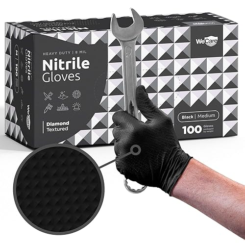 WECARE Black 8 Mil Nitrile Gloves Medium 100 Pack - Heavy Duty Mechanic Gloves, with Diamond Grip - Powder and Latex Free Disposable Gloves
