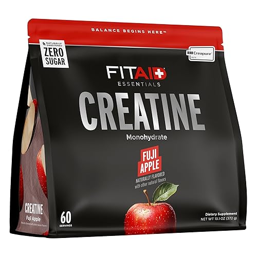 FITAID Creatine Monohydrate Powder, CreaPure, Fuji Apple, ATP Production for Weightlifting, Running, Naturally Flavored, Smooth-Mixing, Easy on
