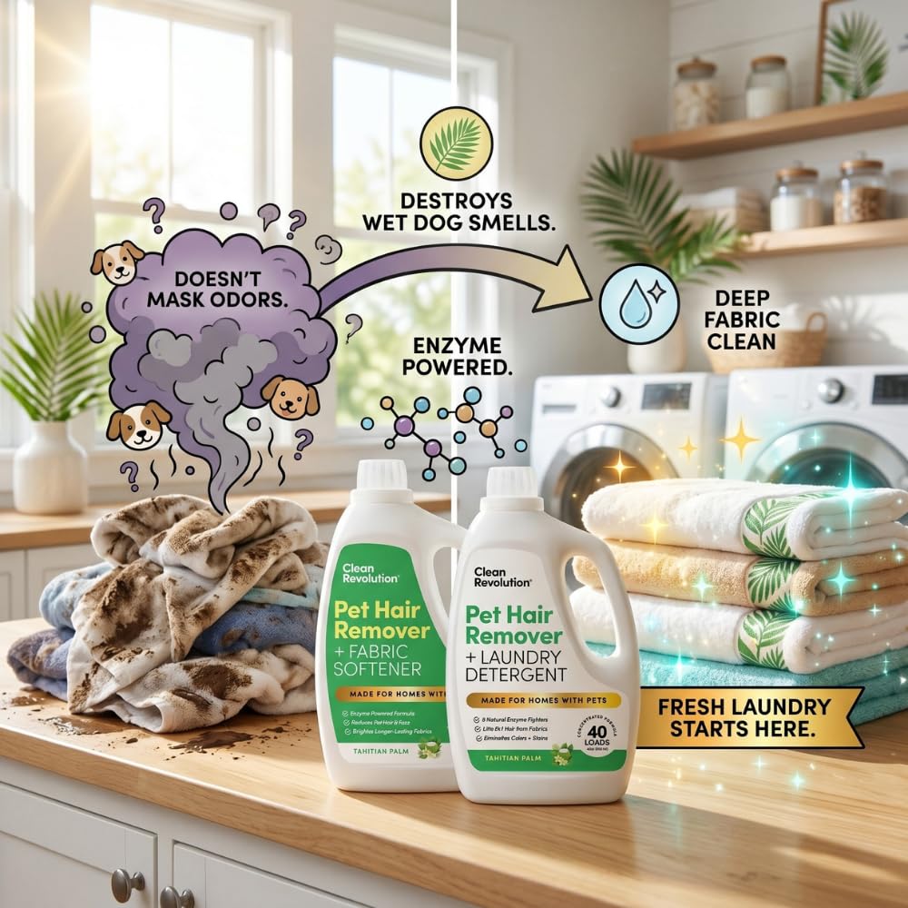 Clean Revolution Pet Hair Remover for Laundry 2-Pack - Dog & Cat Hair Remover Laundry System, Enzyme Laundry Detergent & Fabric Softener, Odor