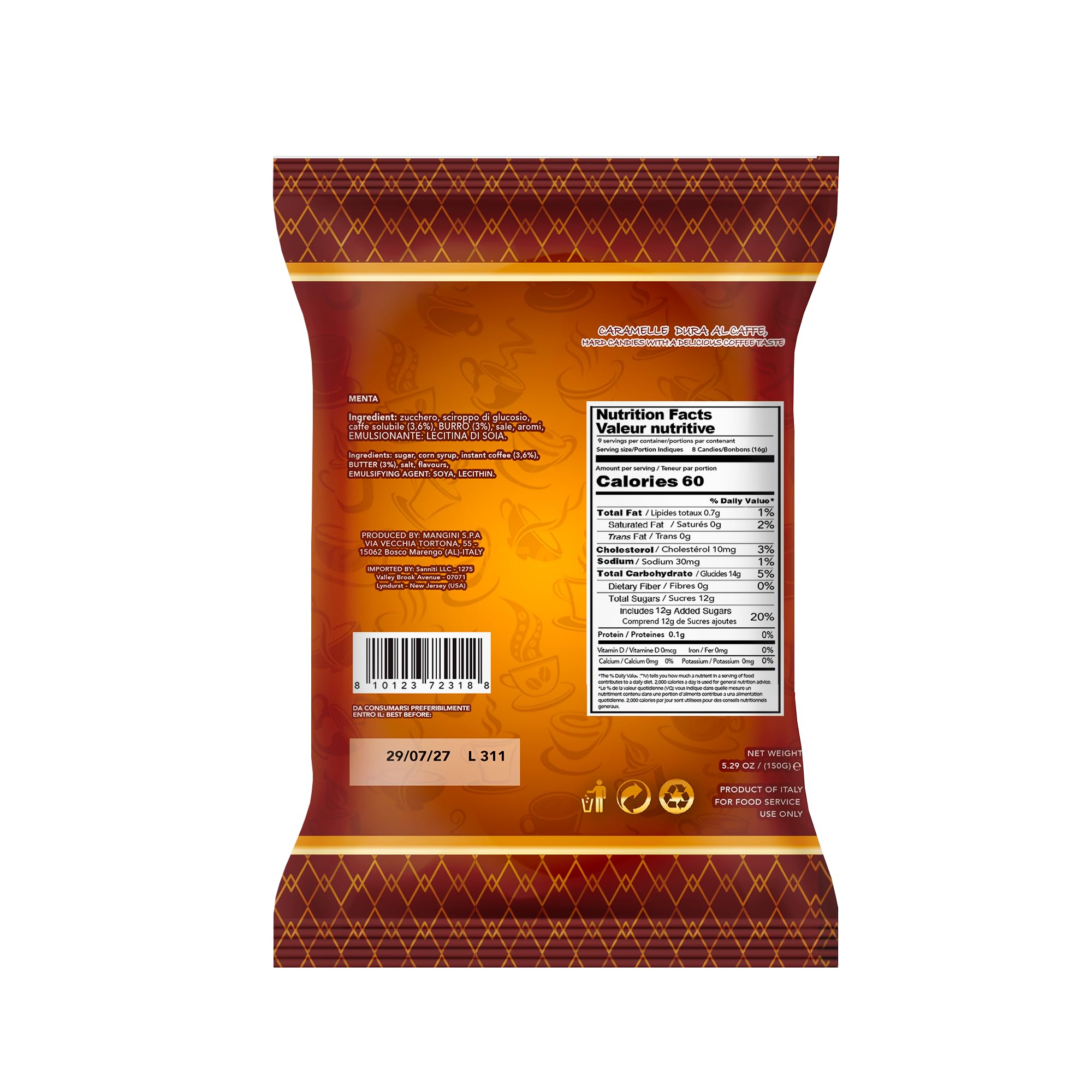 Sanniti Italian Hard Candy Caramelle | Gluten Free, No Preservatives | Product of Italy, 5.29 oz Bag (150 Grams, Coffee)
