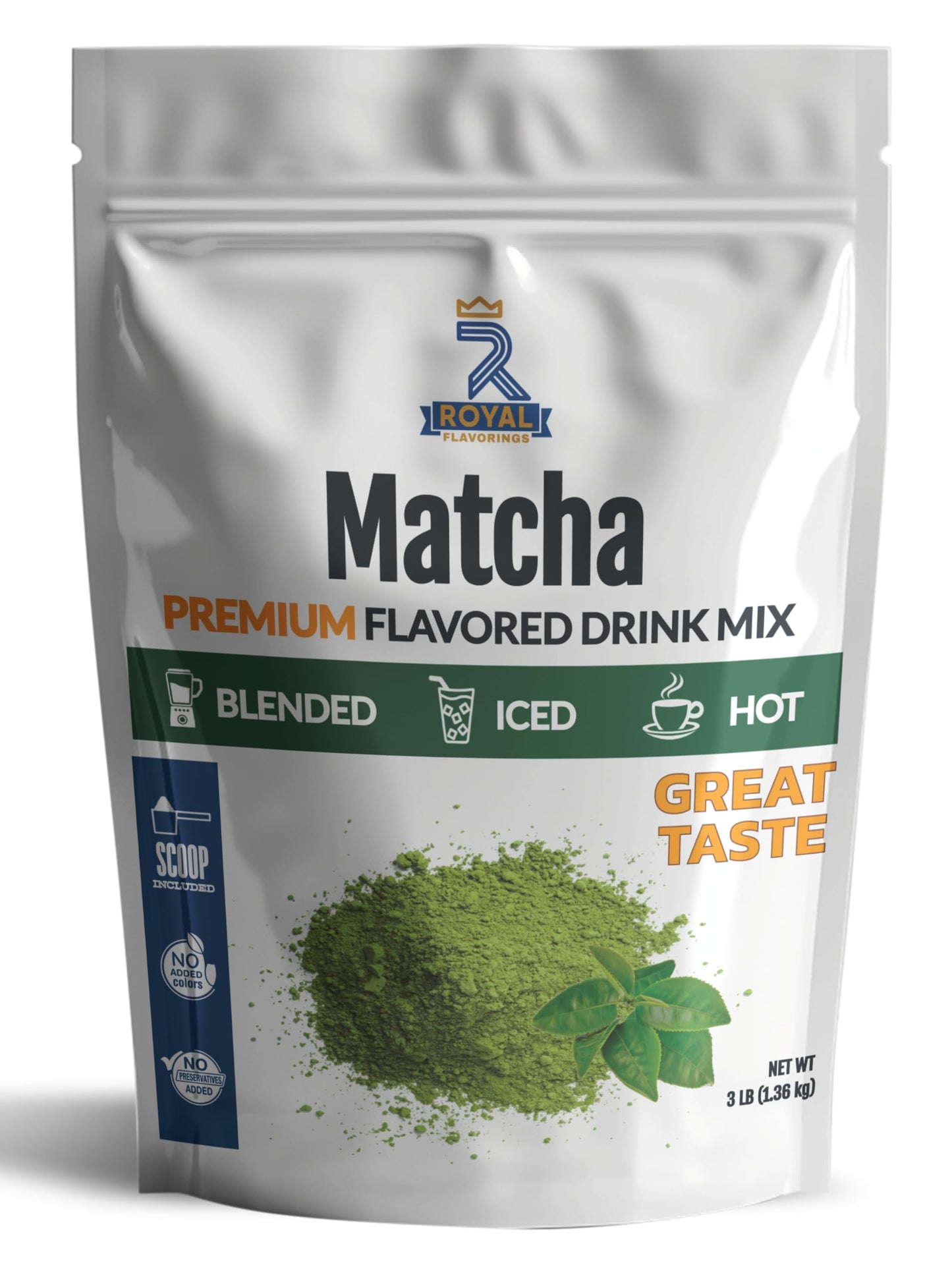 Royal Flavorings Matcha Green Tea Premium Flavored Frappe Drink Mix for Blended, Iced or Hot Drinks, Stand up Resealable Bag 3 Lb.