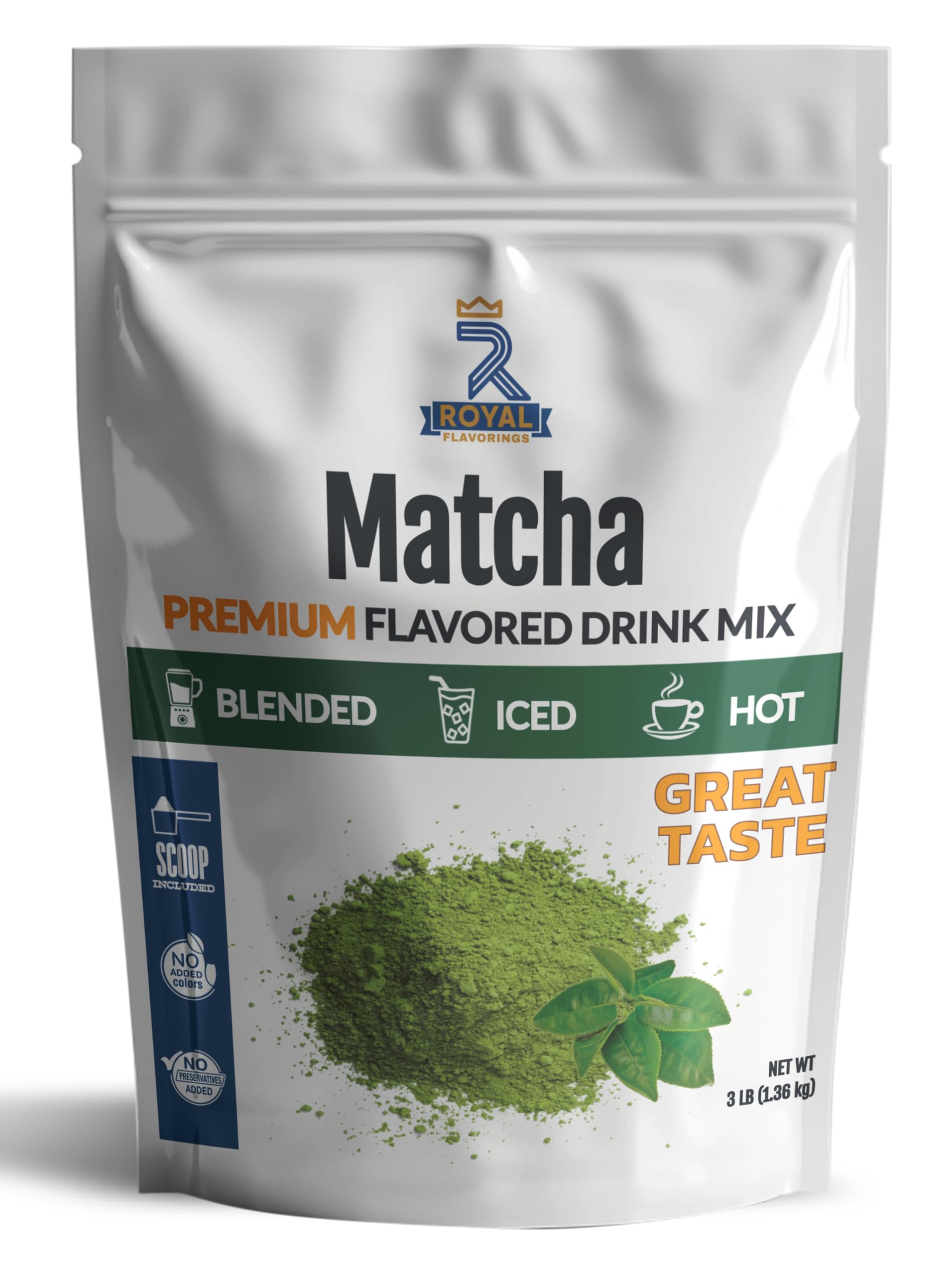 Royal Flavorings Matcha Green Tea Premium Flavored Frappe Drink Mix for Blended, Iced or Hot Drinks, Stand up Resealable Bag 3 Lb.