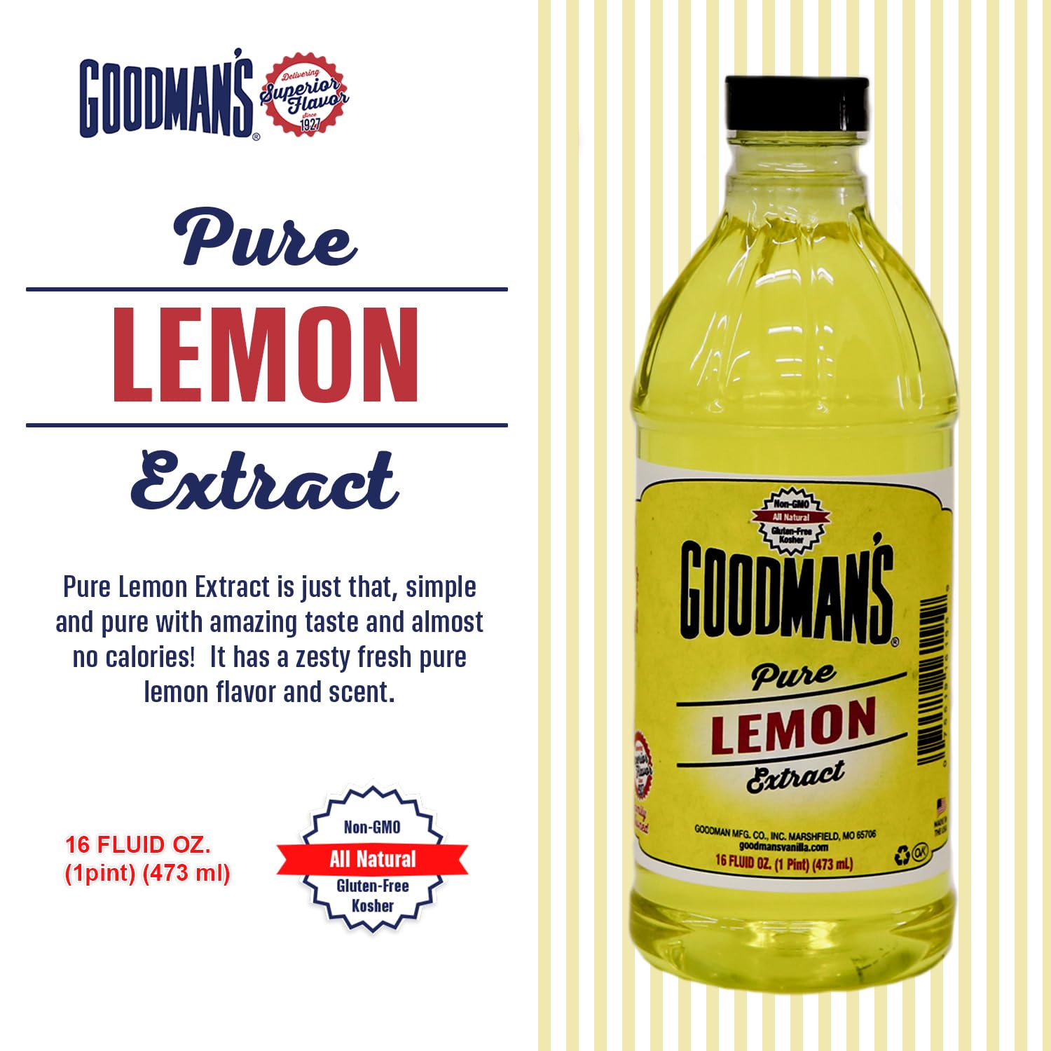 Goodman's Pure Lemon Extract - Pure, Gluten-Free, Non-GMO, Kosher - Flavor Enhancer for Baking, Cooking, and Beverages - Low Carb & Calorie, No