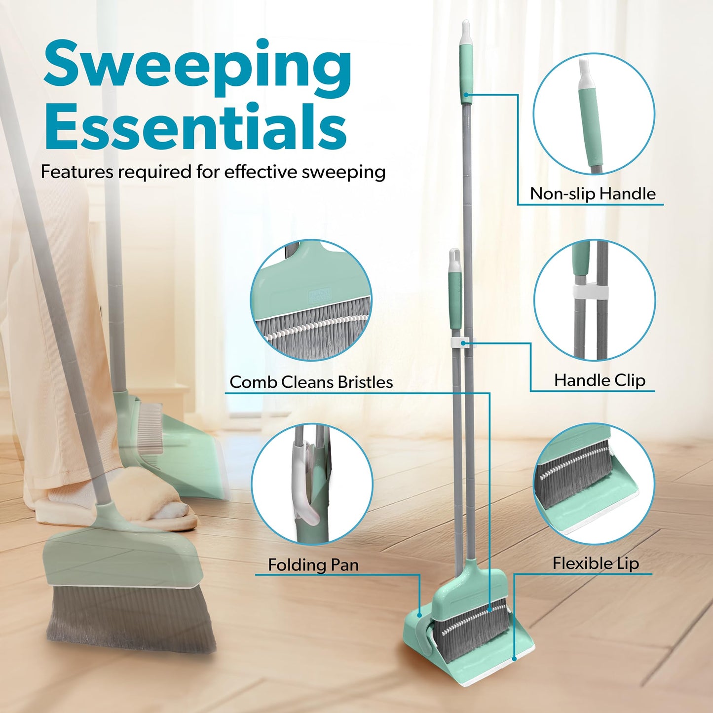 BLACK+DECKER Butler Broom & Dustpan Set - Short Handle, Stand-Up Design - Lightweight, Space-Saving Combo for Kitchen, Living Room, Bathroom, Lobby