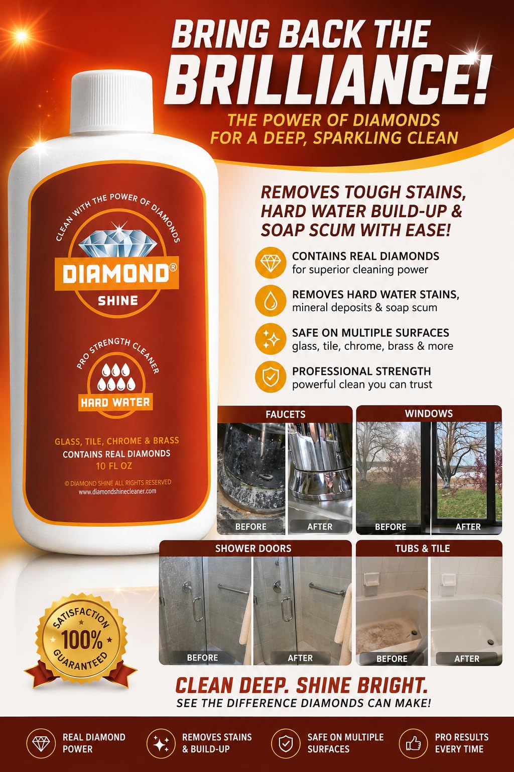 Diamond ShineProfessional Hard Water Cleaner - Lime, Calcium, Rust, Water Spots, Soap Scum - 10 Ounces