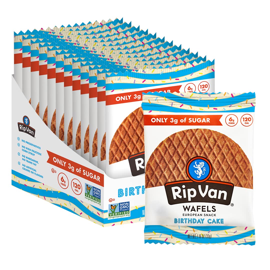 Rip Van Wafels Birthday Cake Stroopwafels - Healthy Snacks - Non GMO Snack - Keto Friendly - Office Snacks - Low Sugar (3g) - Low Calorie Snack - 12
