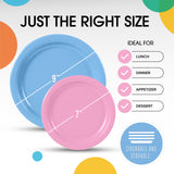 Party Solids Exquisite Light Blue & Pink Mixed Paper Plates - 7" & 9", 200 Pack (100 each), 350 GSM