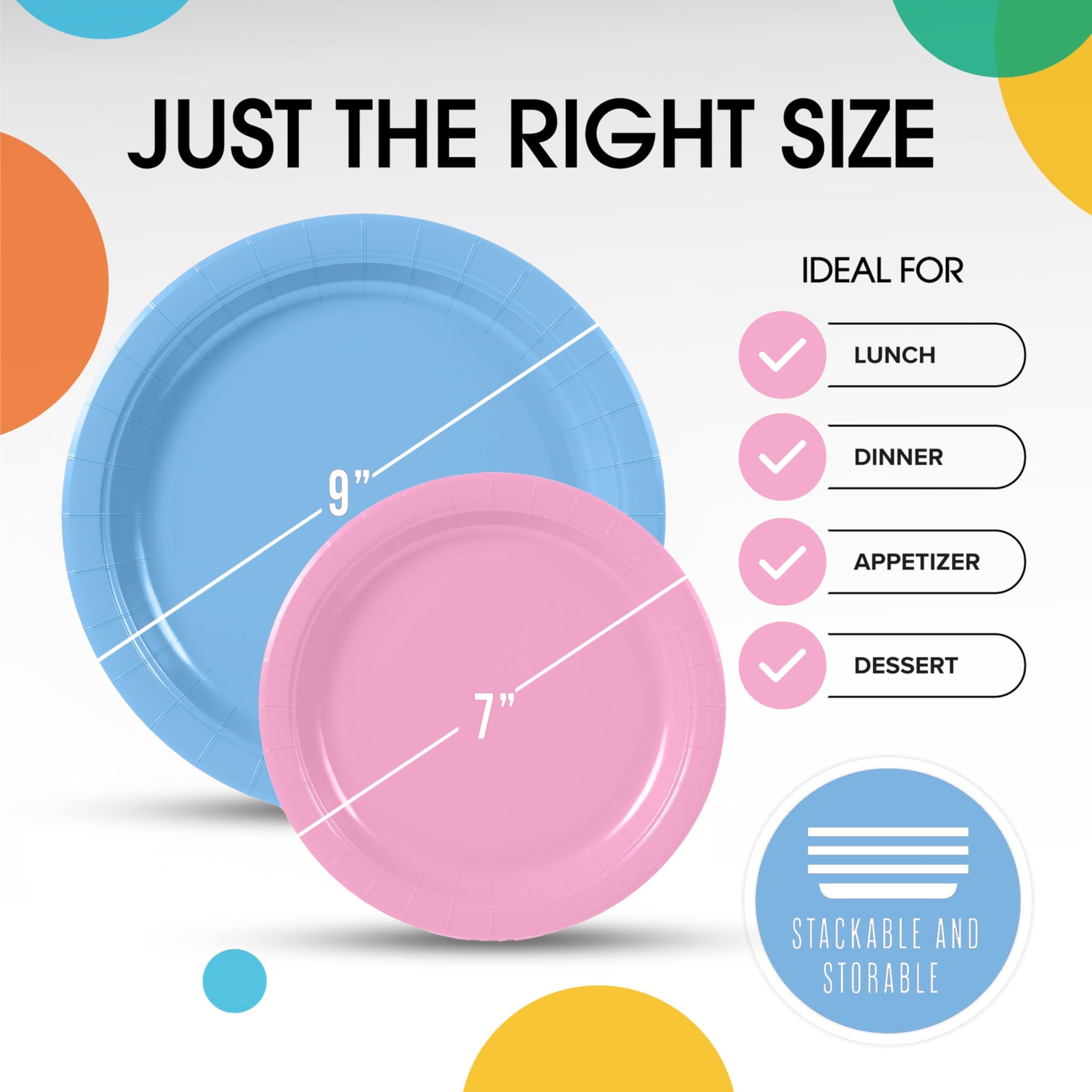 Party Solids Exquisite Light Blue & Pink Mixed Paper Plates - 7" & 9", 200 Pack (100 each), 350 GSM