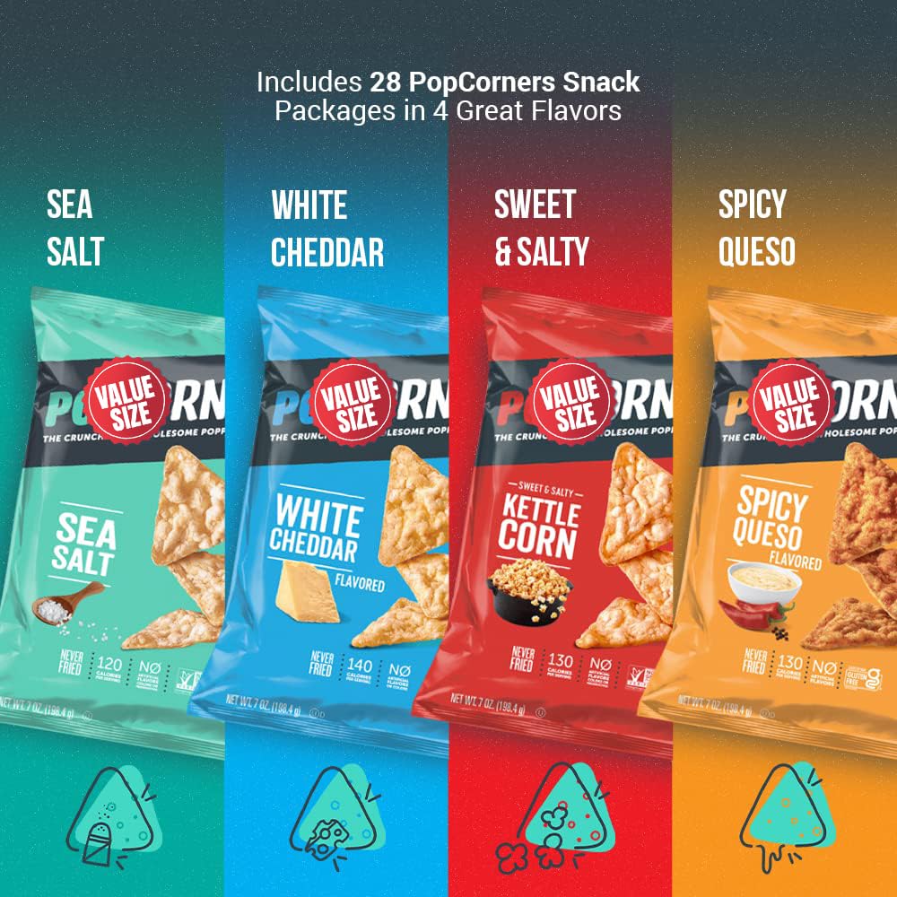 Pop-Cornners Snacks Gluten Free Chips, 5 Flavor Variety Pack 28 Count 1 oz Bags Packaged By Doomi, Individual Snack Bags in Sea Salt, White Cheddar
