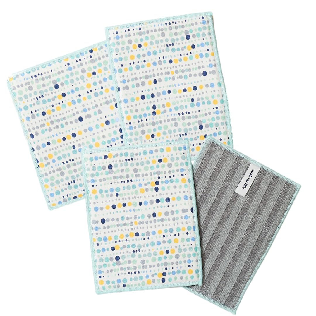 Bright Habits Scrubby Machine Washable Dishcloth Set in Dots Blue, 4 Pack 2 in 1 Non Scratch Reusable Quick Dry Cleaning Cloths Made from Recycled