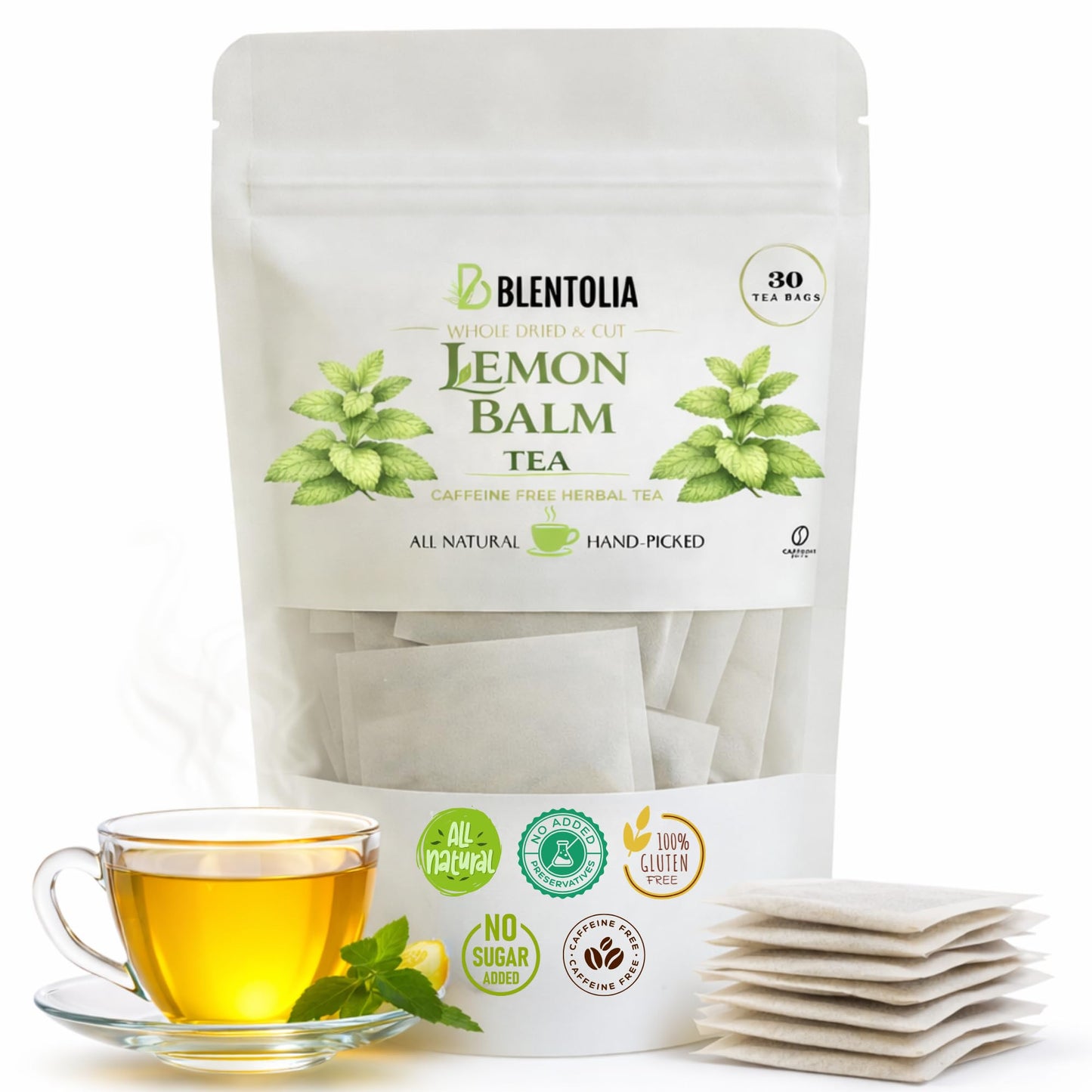 Blentolia Lemon Balm Tea - Melissa Officinalis Herbal Tea Bags - Calming & Soothing - 100% Natural Leaves - 30 Caffeine-Free Tea Bags