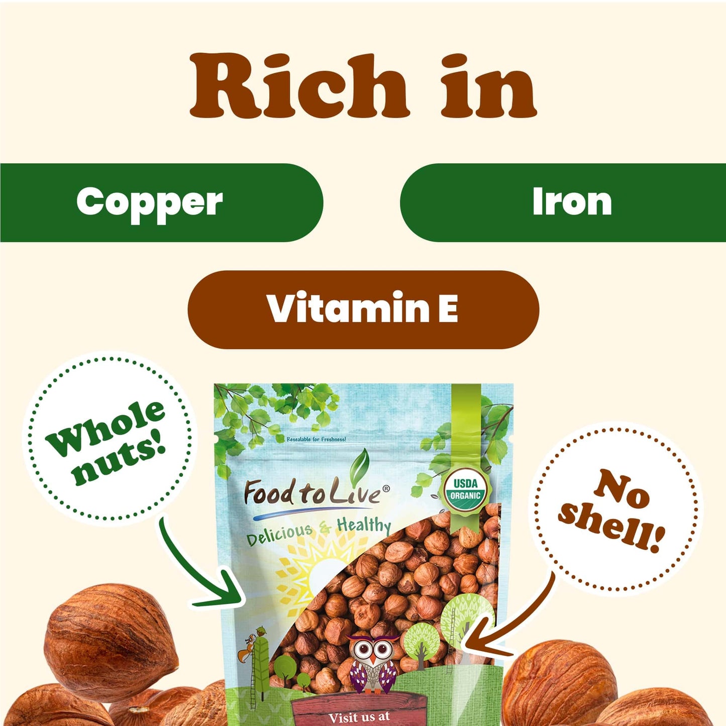 Food to Live Organic Hazelnuts, 1 Pound - Non-GMO, Raw Filberts, Whole, Shelled, Unsalted, Kosher, Vegan, Bulk. Crunchy, Wholesome Snack. Great