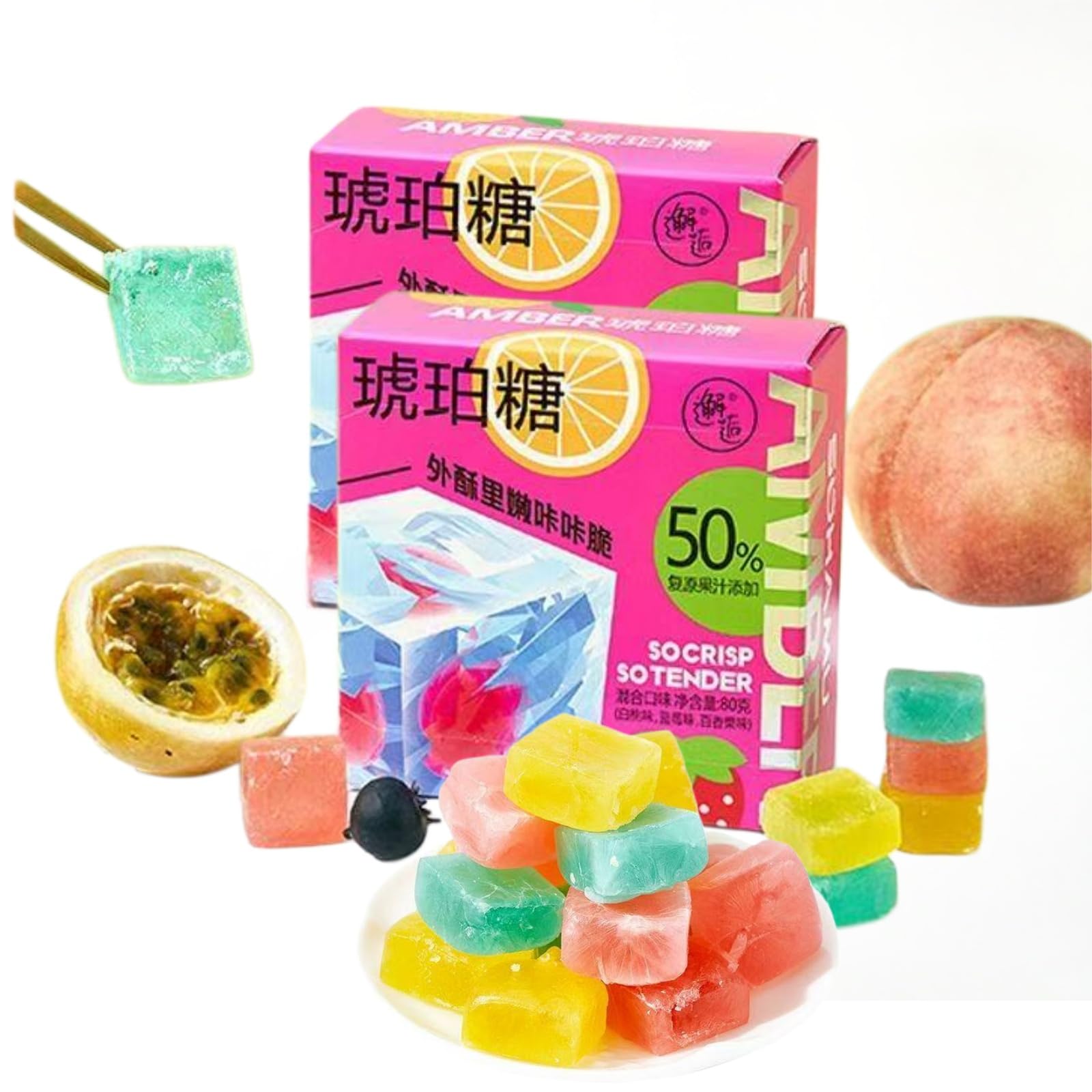 Japanese Kohakutou Amber Candy - 2 Pack (160g) | Edible Crystal Gems, Gluten-Free, Crunchy Outside & Gummy Inside, Mixed Fruit Flavors, Unique ASMR