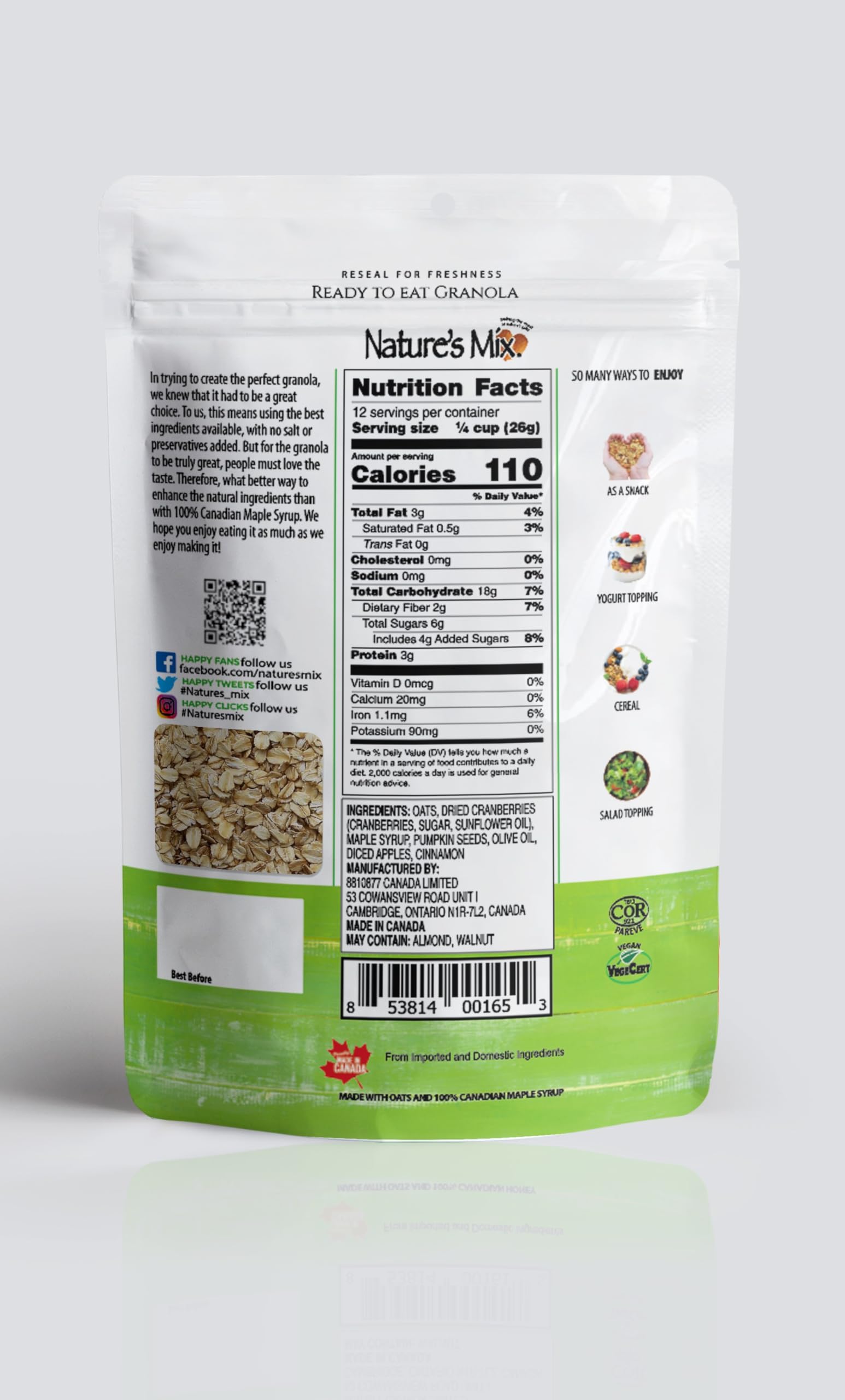 Gluten Free - Apple Cranberry Granola - Nut Free - Made with 100% Pure Maple Syrup - Vegan and Kosher Certified - 11 oz