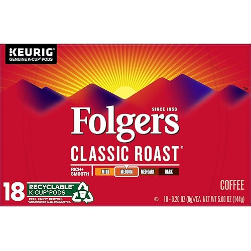 Folgers Classic Roast, Medium Roast Coffee K-Cup Pods for Keurig K-Cup Brewers, 18 Count, Packaging May Vary