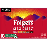 Folgers Classic Roast, Medium Roast Coffee K-Cup Pods for Keurig K-Cup Brewers, 18 Count, Packaging May Vary