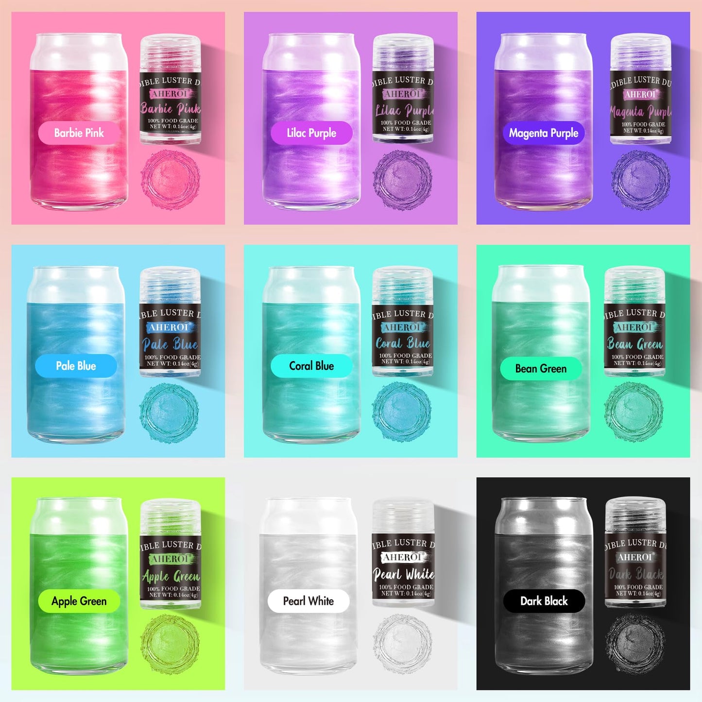 Aheroi Edible Glitter Set, 15 Colors Luster Dust Edible Set, Shimmering Glitter for Drinks Powder Glitter for Fondant, Cocktail Glitter for Cakes