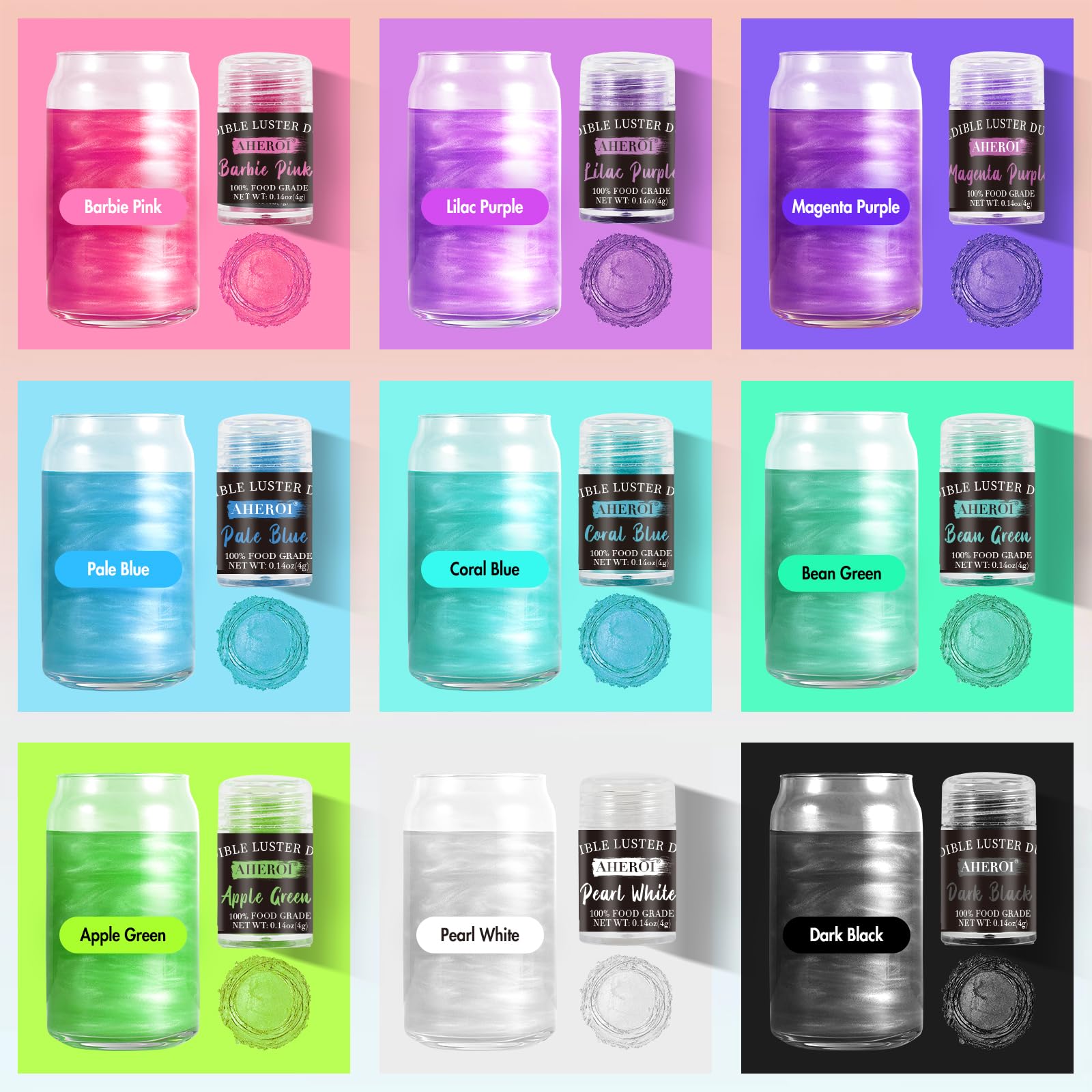 Aheroi Edible Glitter Set, 15 Colors Luster Dust Edible Set, Shimmering Glitter for Drinks Powder Glitter for Fondant, Cocktail Glitter for Cakes