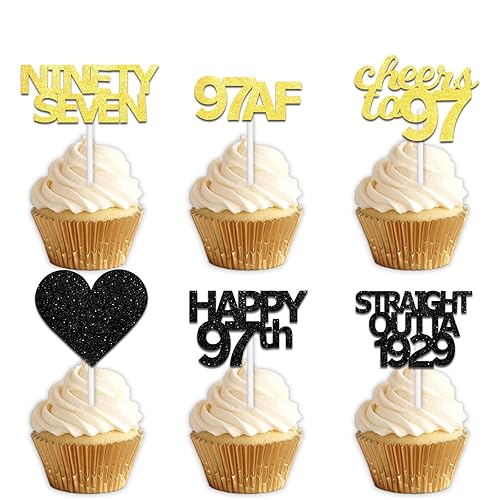 18pcs Black Gold Glitter Dessert Cupcake Pick for Straight Outta 1929 Cheer to 97 Years Old Theme Decor Supplies Happy 97th Birthday Party Decoration
