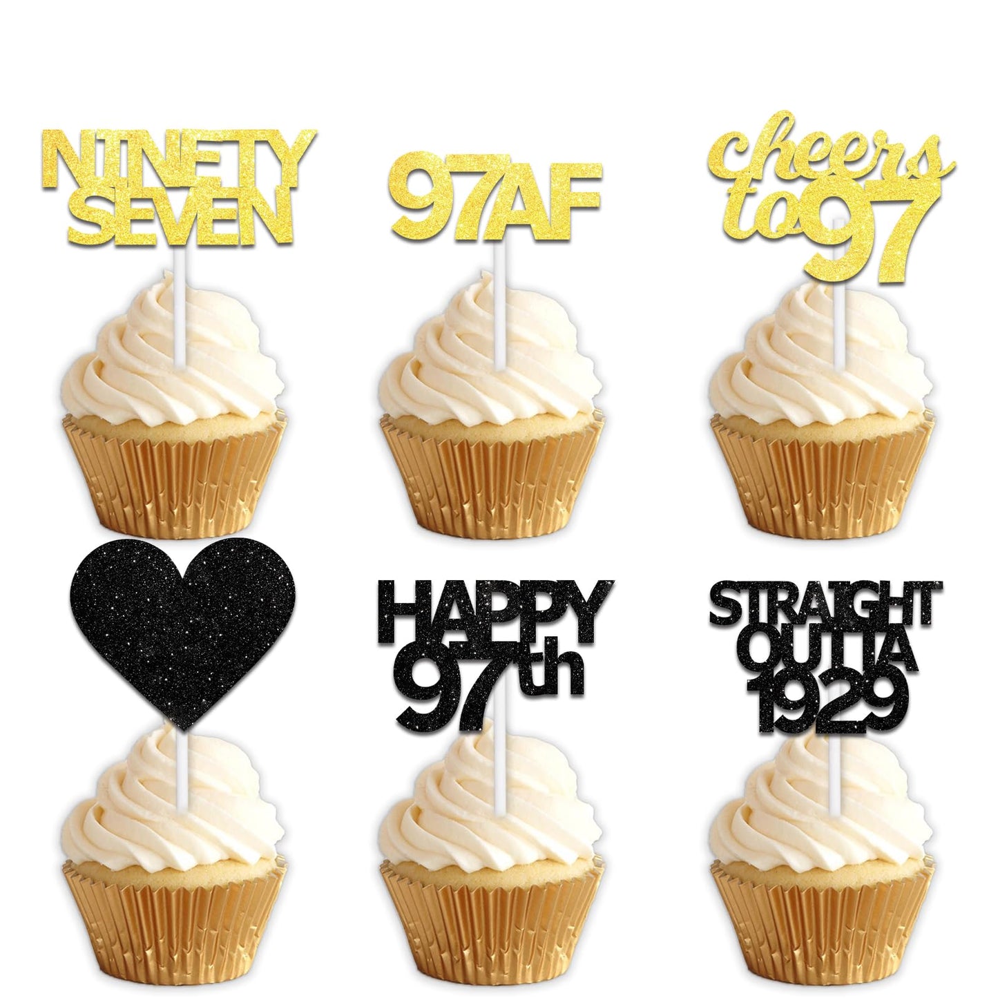 18pcs Black Gold Glitter Dessert Cupcake Pick for Straight Outta 1929 Cheer to 97 Years Old Theme Decor Supplies Happy 97th Birthday Party Decoration