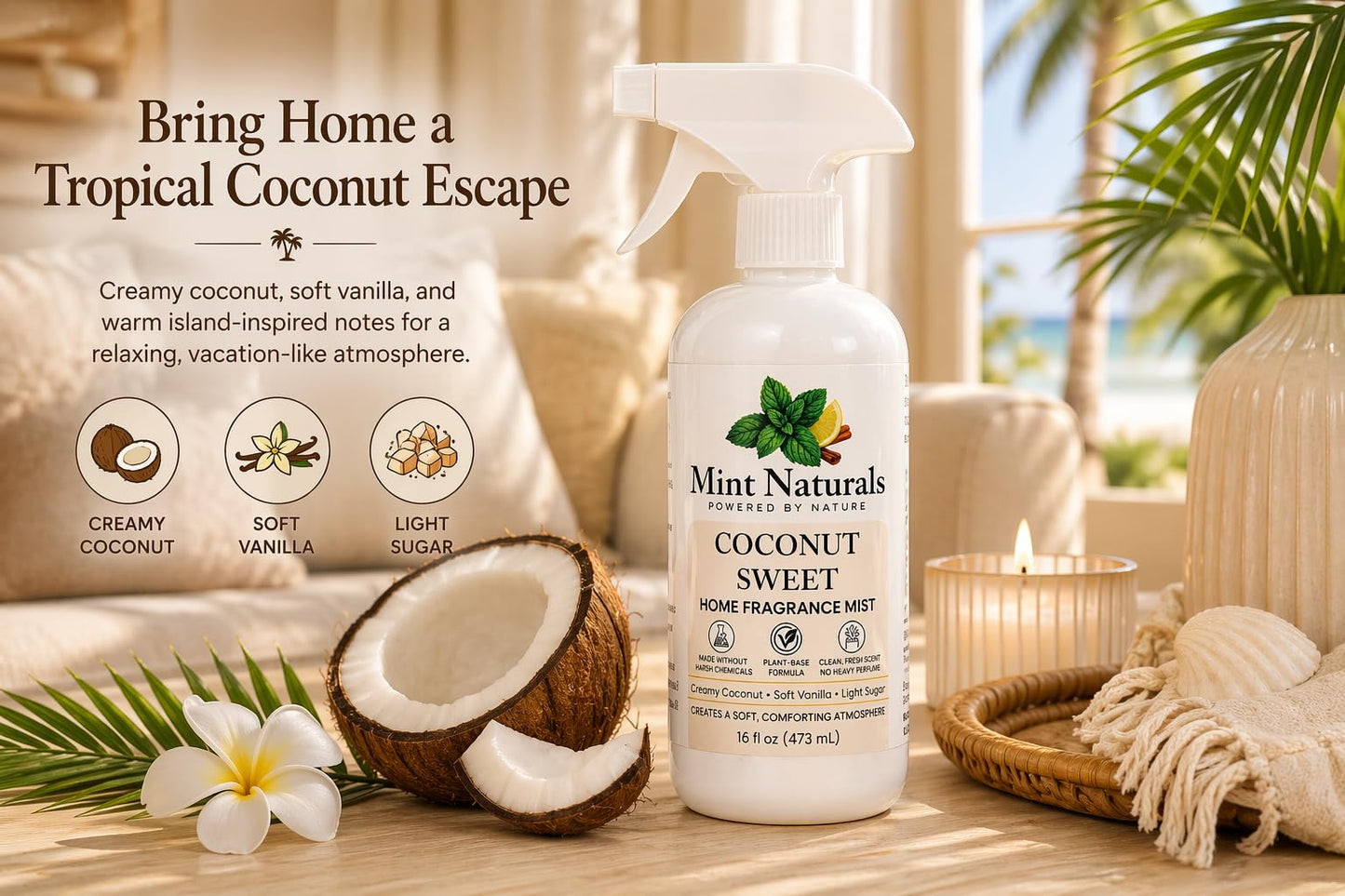 Natural Sweet Coconut Room Spray & Odor Eliminator - Creamy Coconut Vanilla Fragrance Mist That Helps Refresh Indoor Air, 16 oz - Made in USA by Mint