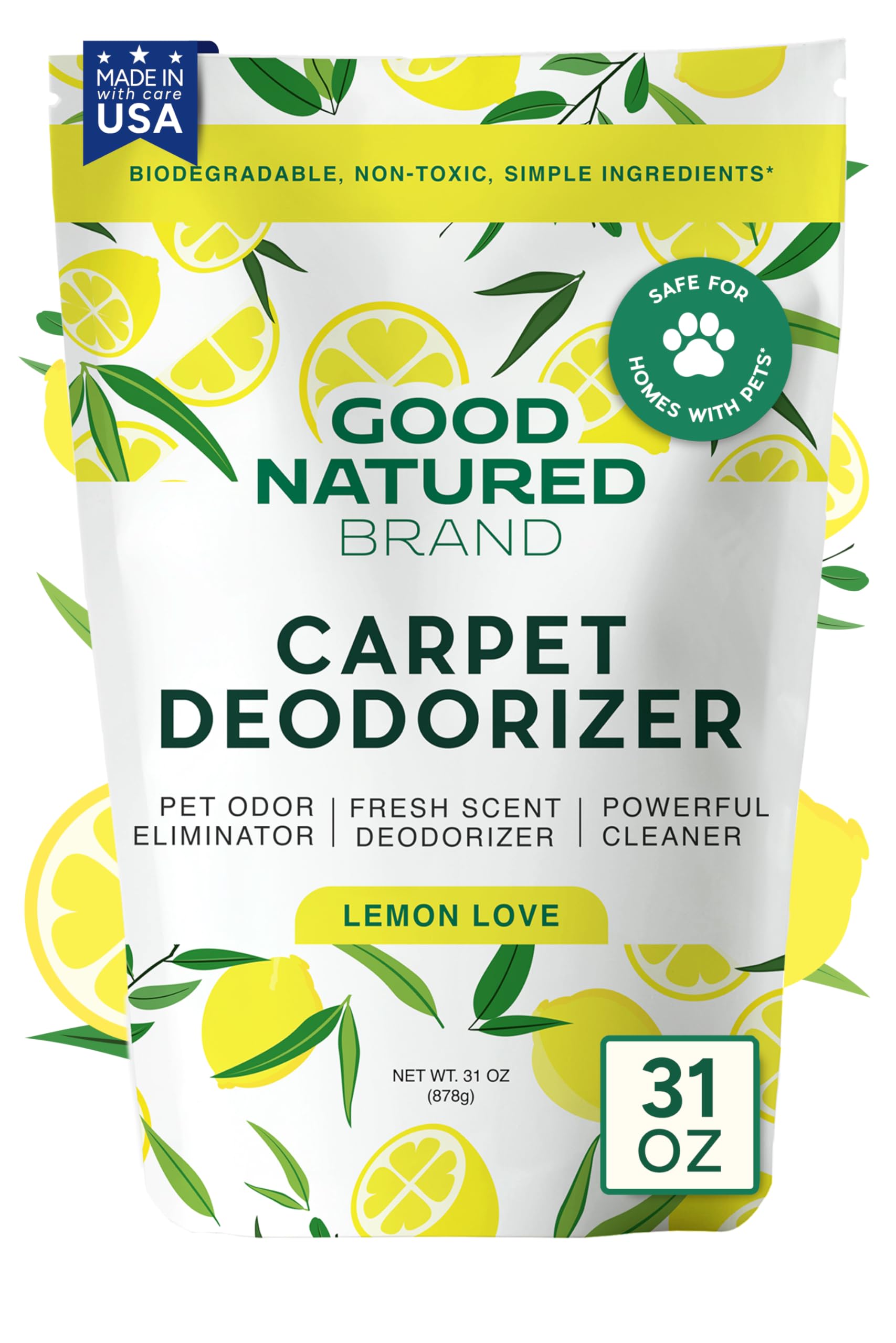 Good Natured Brand | Carpet Deodorizer & Freshener Powder | 31 oz Pet Odor Eliminator for Strong Odor & Pet Urine | Fresh Natural Lemon Scent | Safe