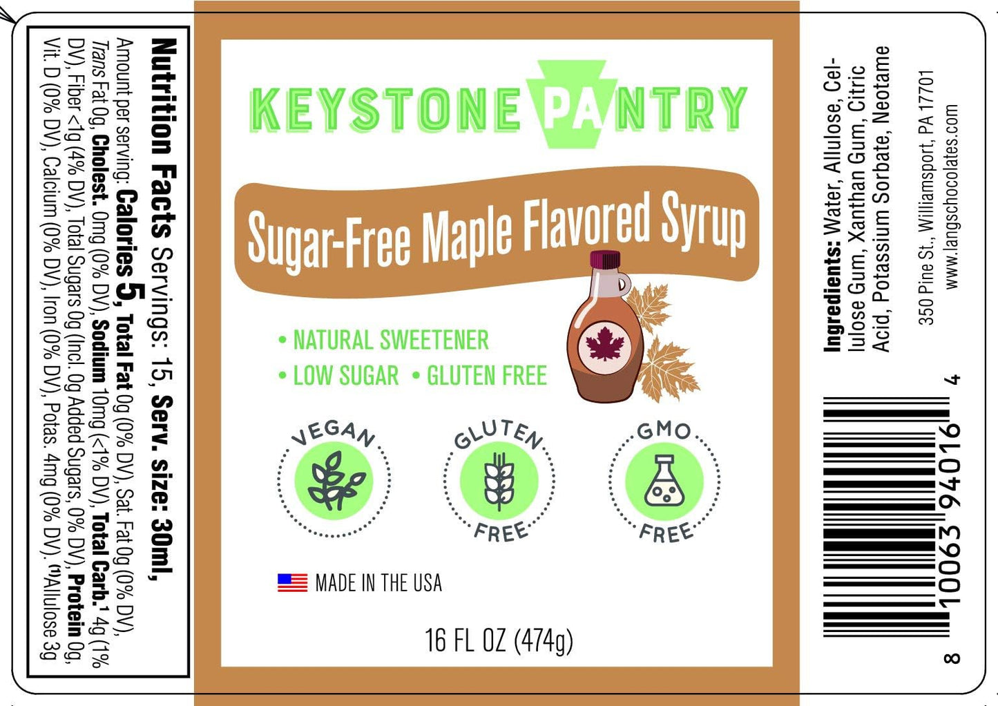 Keystone Pantry Sugar Free Maple Flavored Syrup - 1 Pint Bottle - Low Carb, GMO and Gluten Free, Kosher - Keto Syrup for Pancakes and Waffles - Rich