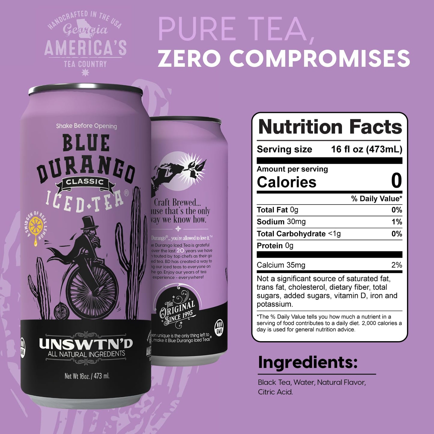 Blue Durango Iced Tea - Unsweetened Classic - Black Tea - Non-GMO, Gluten-Free - Zero Sugar Ice Tea - Natural Ingredient Ice Drinks - 16 oz Cans (12