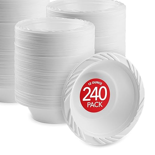 Stock Your Home (240 Pack) 12 oz Elegant White Plastic Bowls for Parties Small Disposable Bowl for Fancy Dinner or Cocktail Party, Soup and Salad