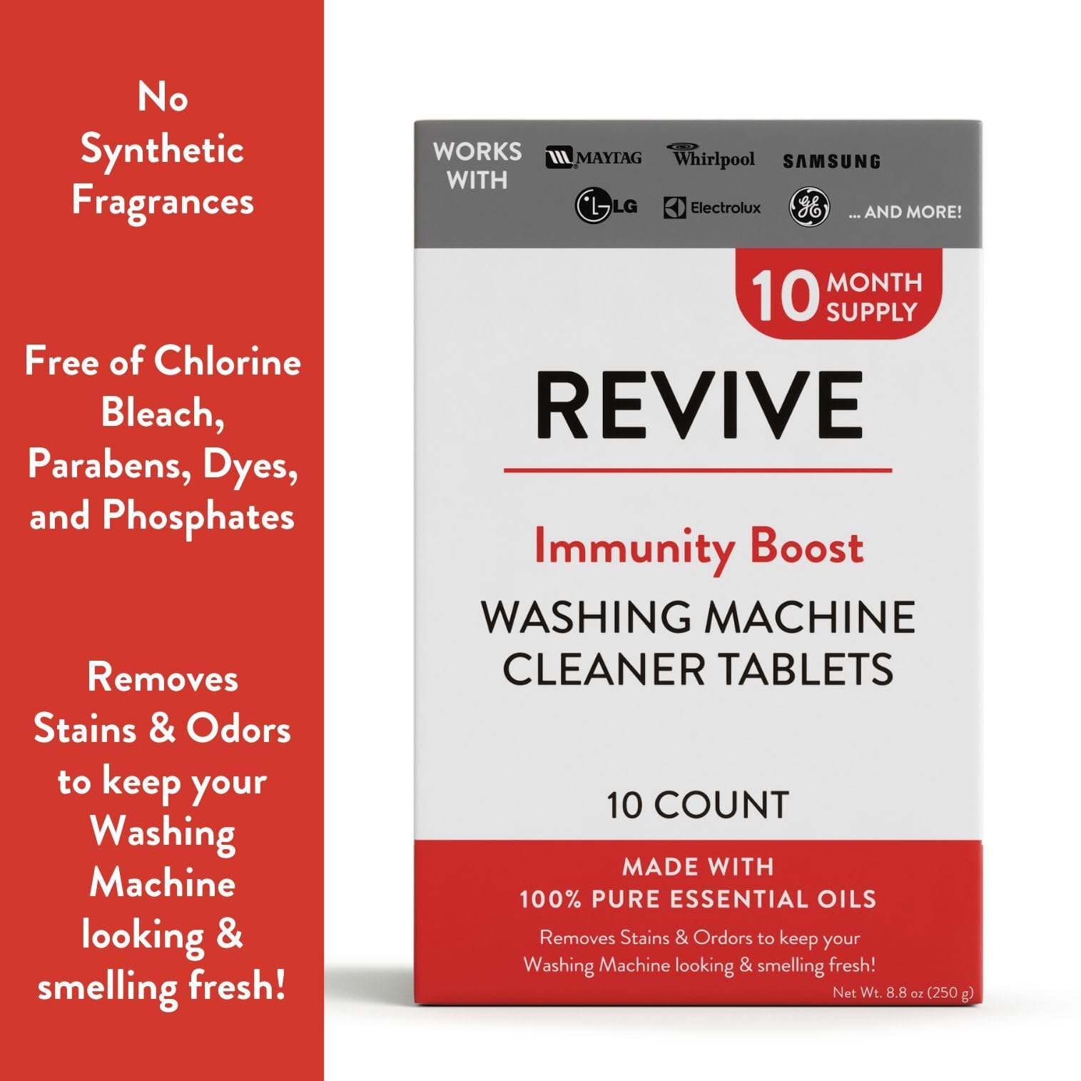 Immunity Boost Washing Machine Cleaner Tablets 10ct by Revive Essential Oils - 10 Month Supply, Synthetic Fragrance Free, Stain & Odor Fighting