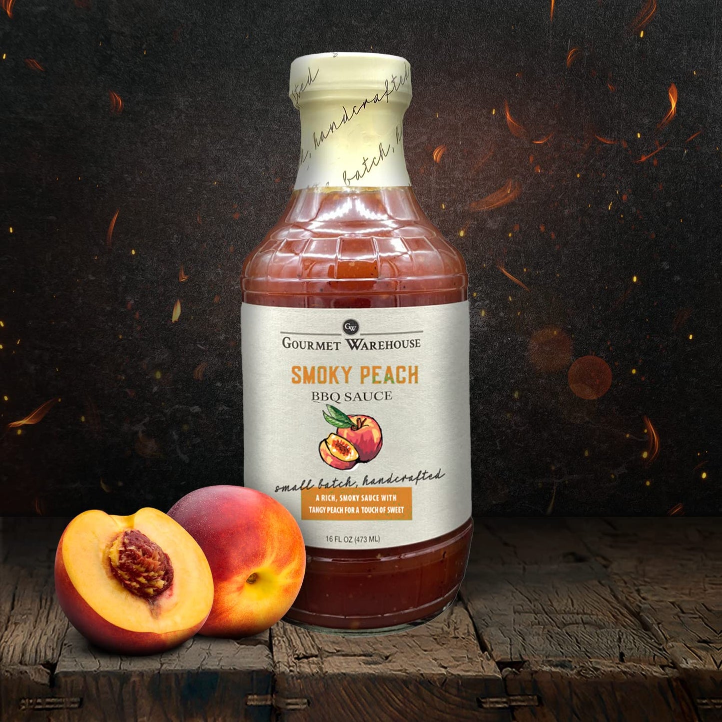 Gourmet Warehouse Small Batch Smoky Peach BBQ Sauce Made With Natural Ingredients Gluten Free No HFCS Tangy Barbecue 16 Oz (Pack of 1)