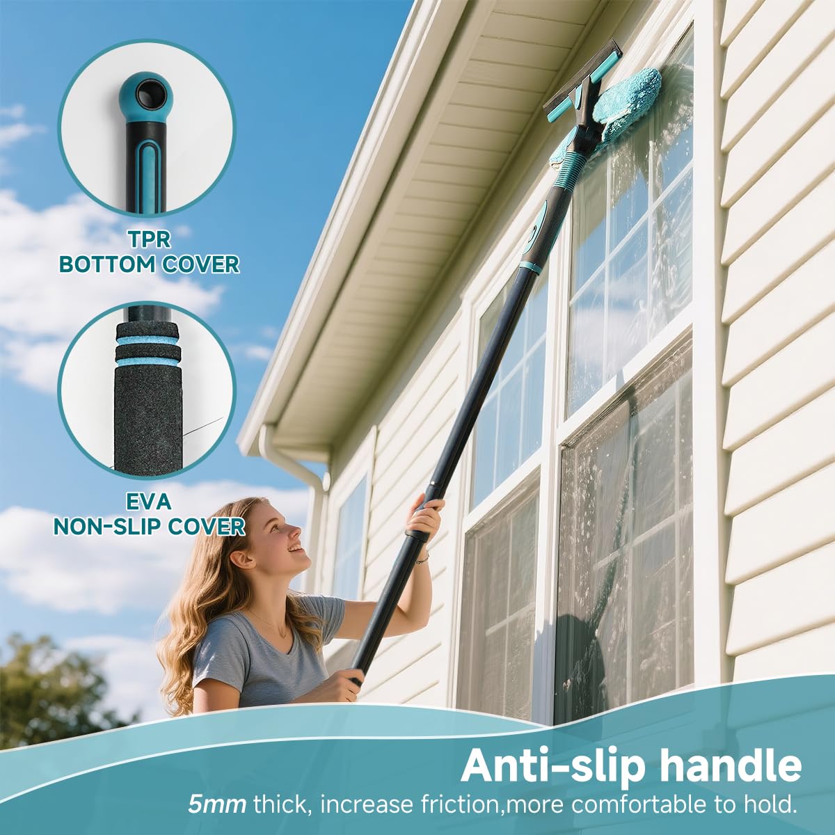 AIDELY 62" Window Squeegee, 2 in 1 Window Cleaning Tool with Telescopic Pole, Rotatable and Bendable Head for High Windows Indoor Outdoor, Includes 2