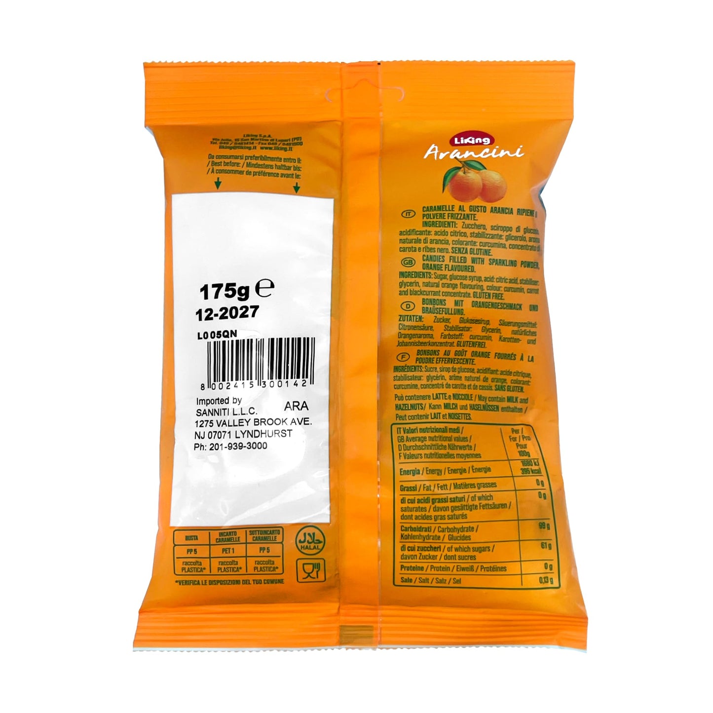 Sanniti Arancini Sparkling Candy, 6.17 oz (175g) Fizzy Orange Hard Candy with Natural Flavor from Italian Oranges, Product of Italy