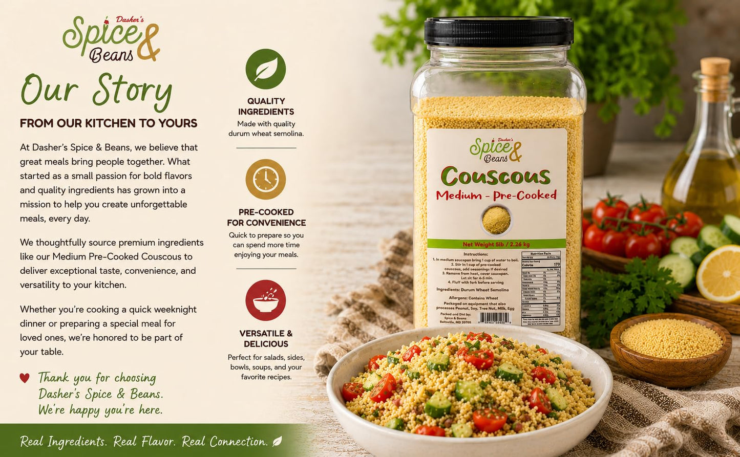 Medium Pre-cooked Couscous | 5 lb Container | Durum Wheat Semolina | Quick Cooking Grain for Salads | Side Dishes | Meal Prep & Mediterranean Recipes by Dasher's Spice & Beans