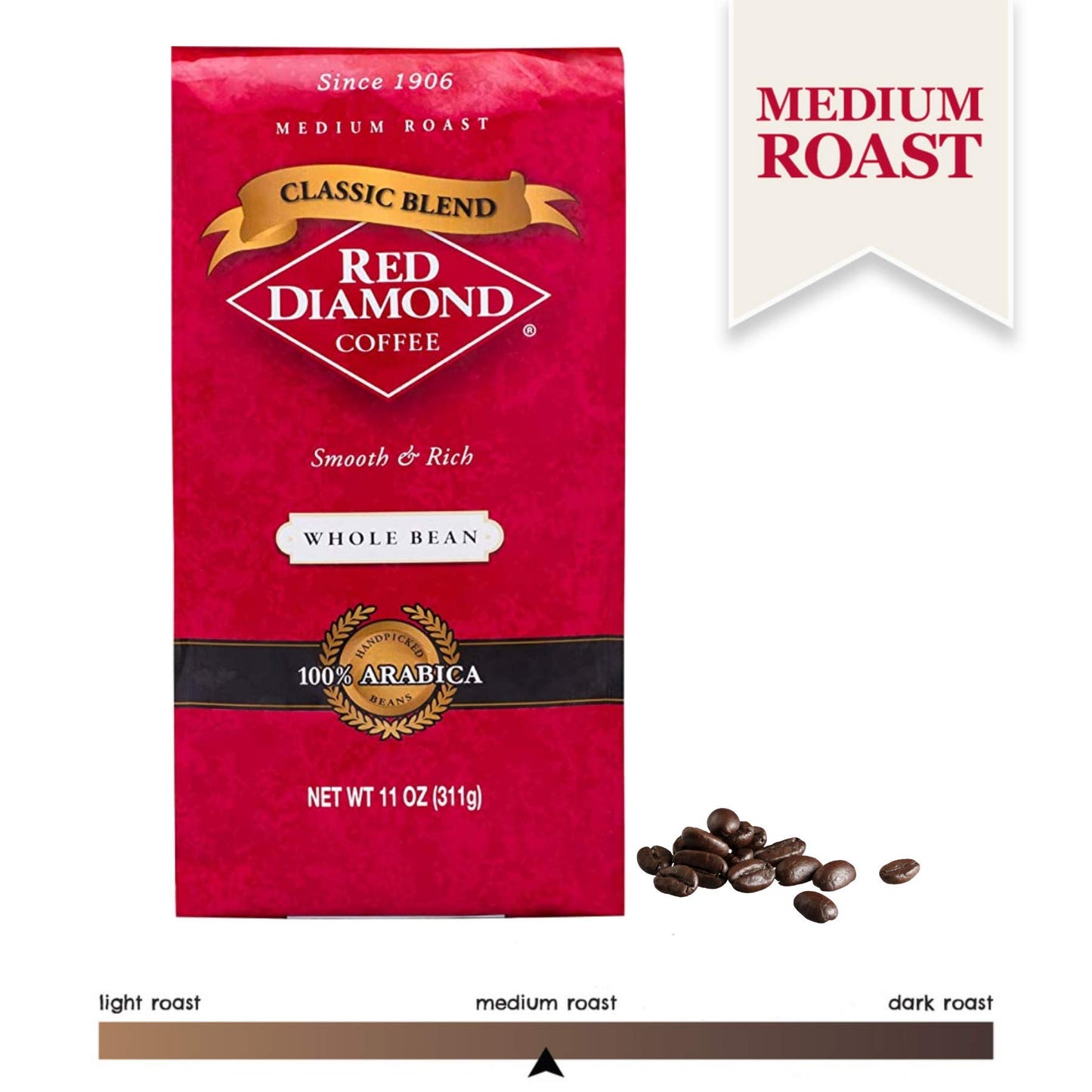 Red Diamond Whole Bean Coffee, Classic Blend, Medium Roast, Premium Arabica Whole Beans, Smooth & Rich Flavor, 11 Ounce Resealable Bag