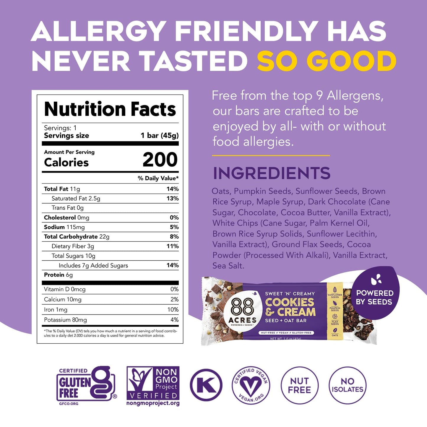 88 Acres Granola Bars | Gluten Free, Nut-Free Oat and Seed Snack Bar | Vegan & Non GMO (Cookies And Cream)