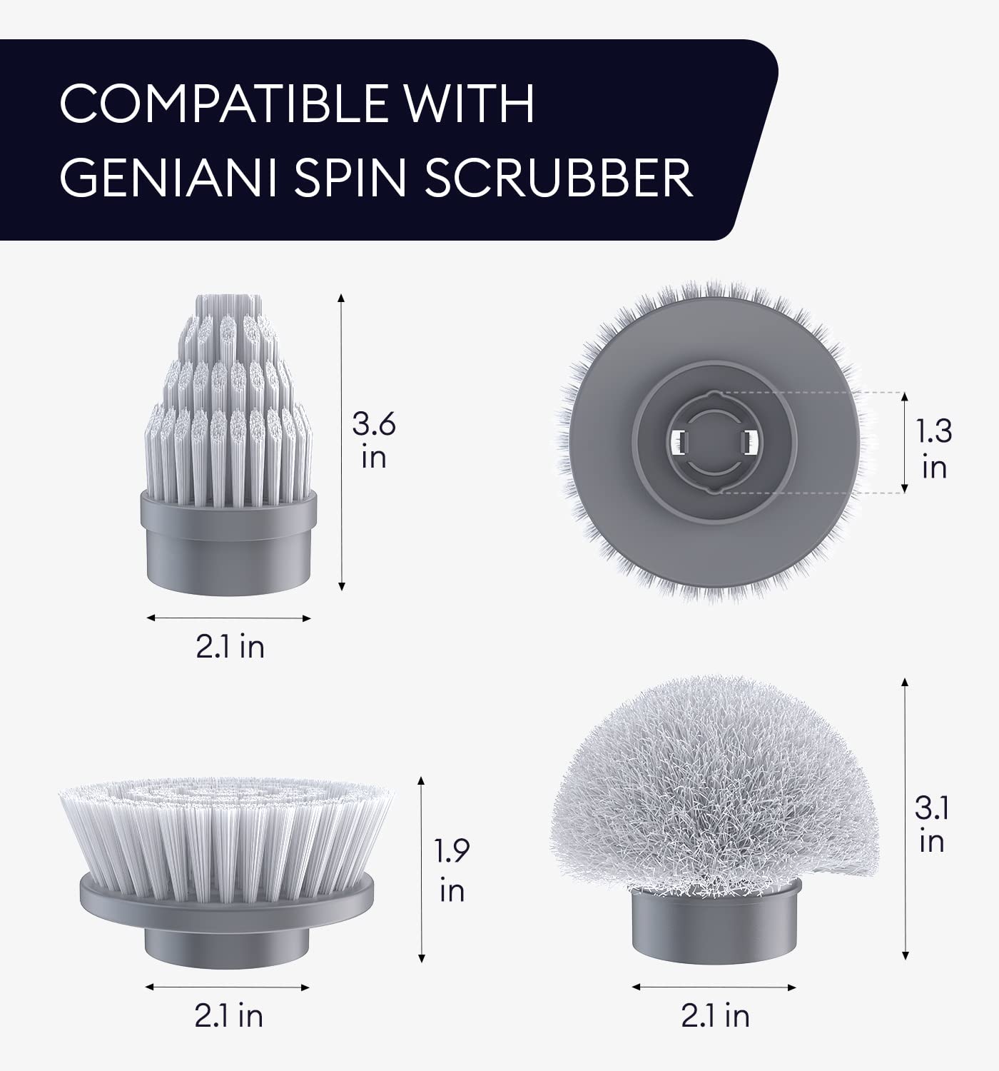 Replacement Brush Heads Set of 3 for GENIANI Electric Spin Scrubber, Scrub Brush for Cleaning Bathroom, Tile, Floor, Tub, and Shower (White)