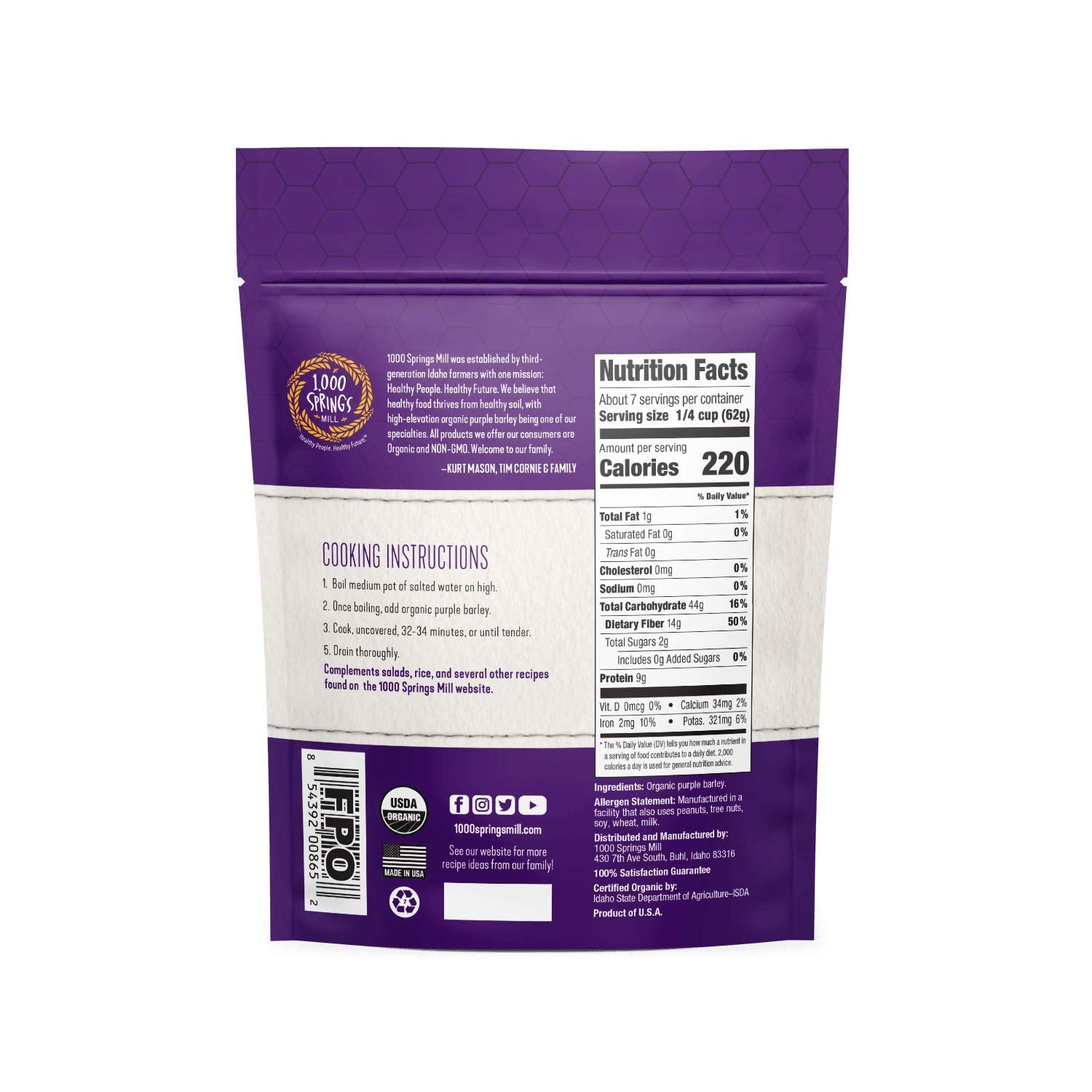 1000 Springs Mill - Organic Purple Barley | Used for Cereals, Salads, Whole Wheat Bread, Fresh Barley Flour, Sprouting Seeds, and more | Bulk Dried