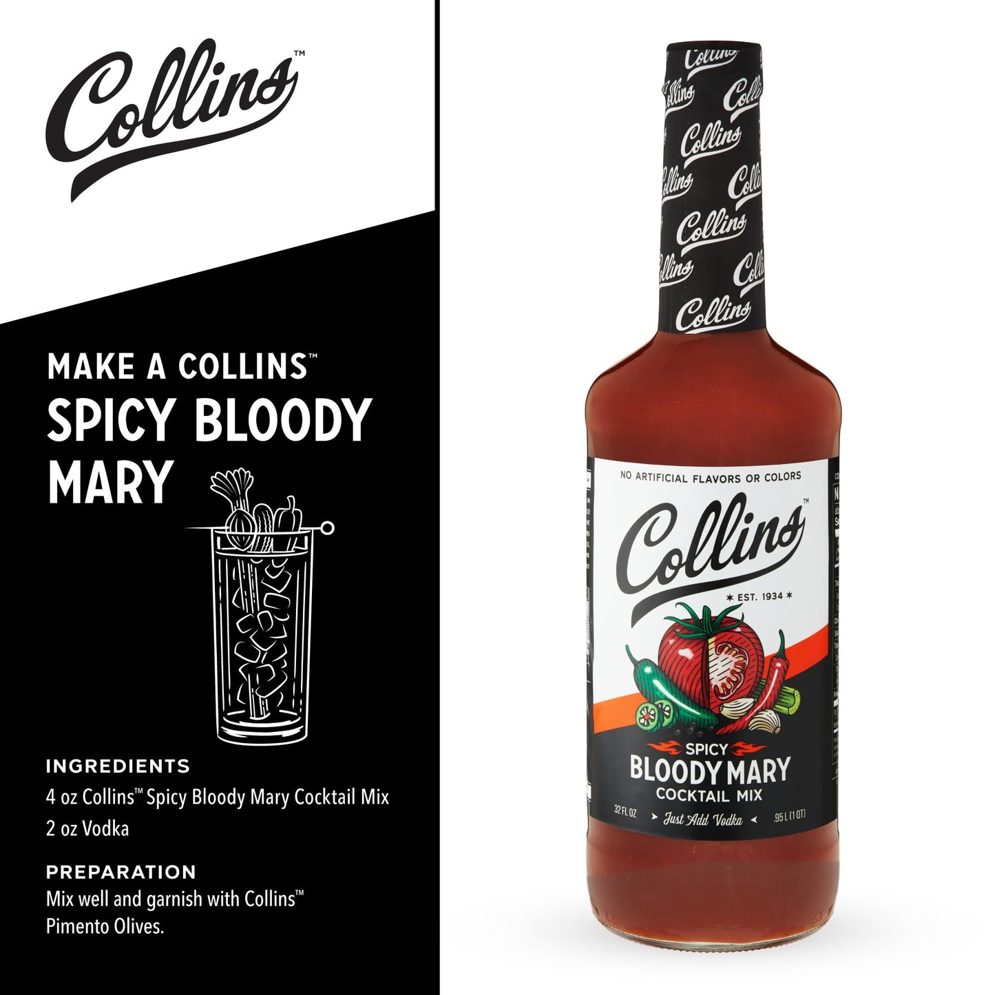 Collins Spicy Bloody Mary Mix, Made With Tomato, Garlic, Worcestershire, Horseradish, Cayenne and Other Spices, Brunch Cocktail Recipe, Bartender