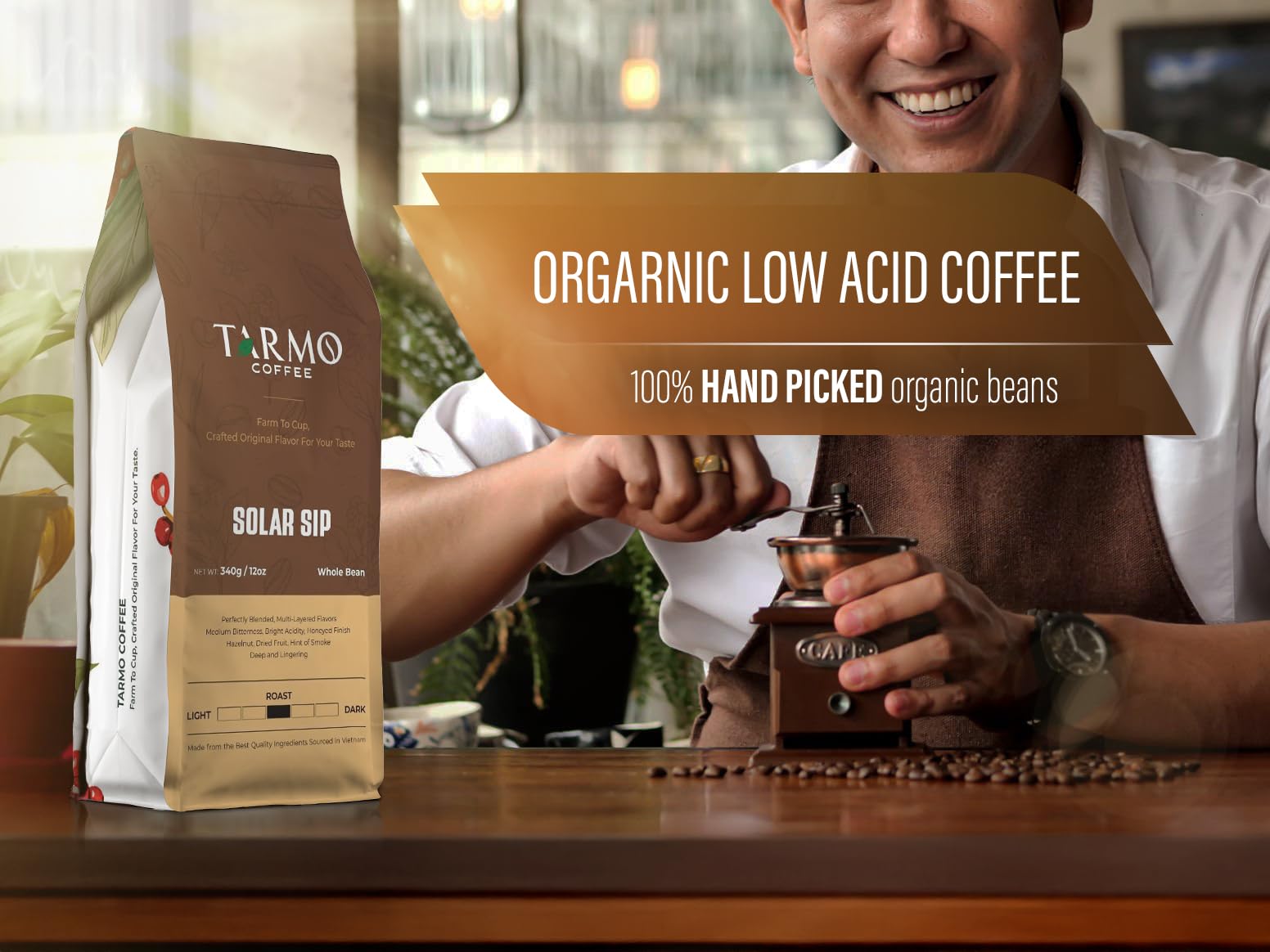 TARMO - SOLAR SIP | Low Acid Smooth ARABICA Blend Whole Bean Coffee | Specialty Vietnamese Coffee | Single Origin Dark Roast Coffee Beans | 12 Oz Bag
