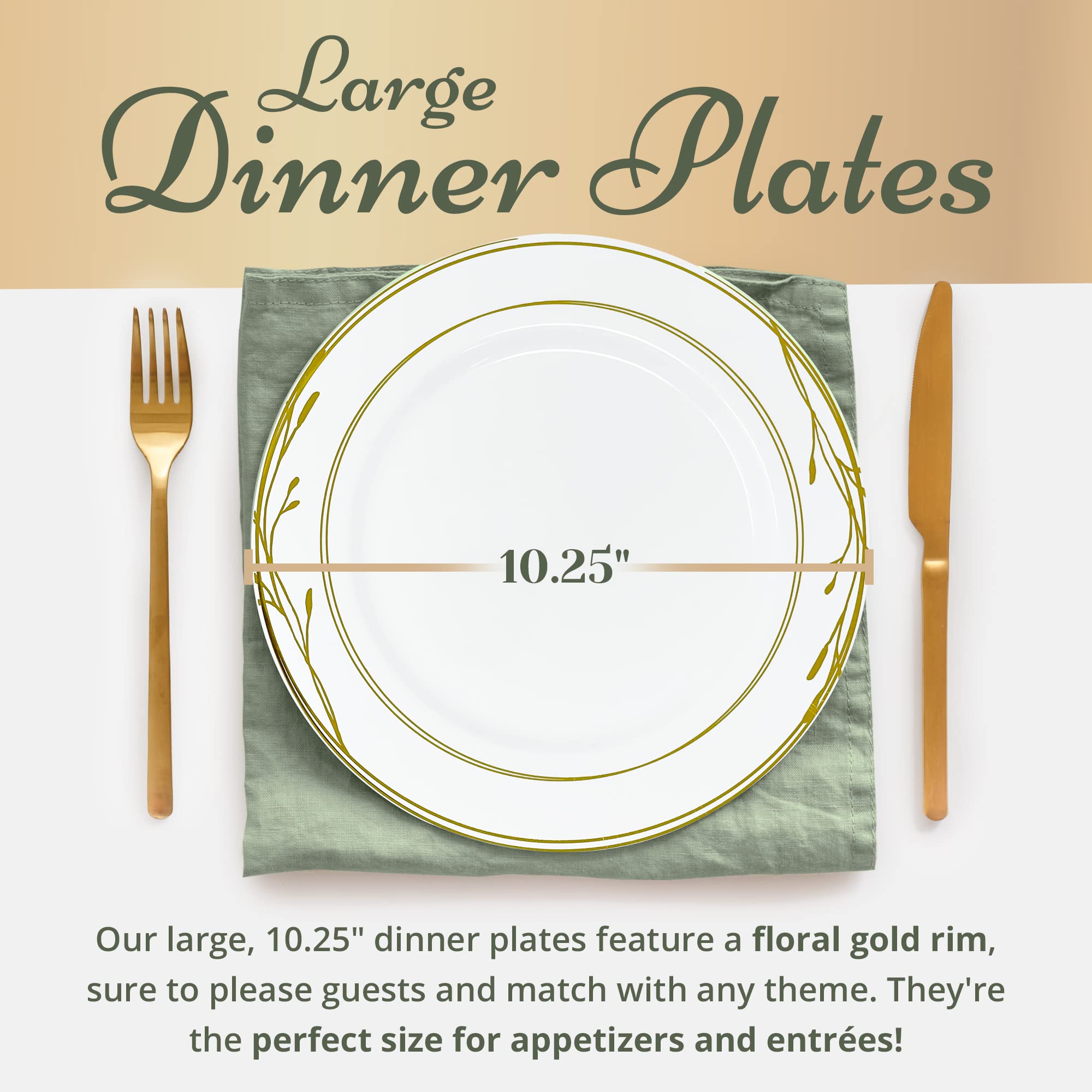 Reli. Disposable Plastic Plates, White & Gold Rim (110 Pcs, 10.25") | Hard Plastic Dinner Plate | Elegant, Heavy Duty Disposable Round Platters